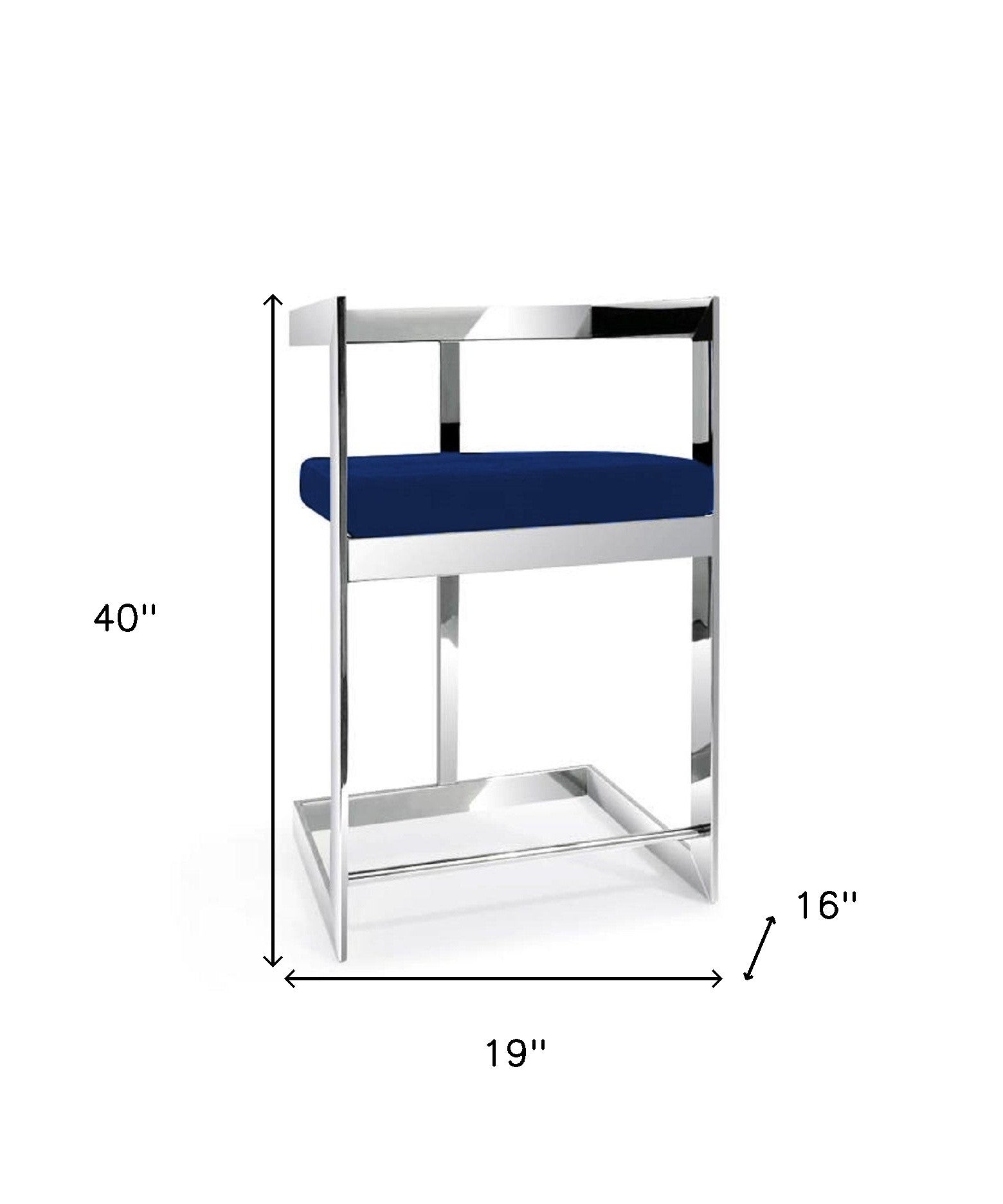 26" Blue and Silver Metal and Velvet Low Back Counter Height Bar Chair-5