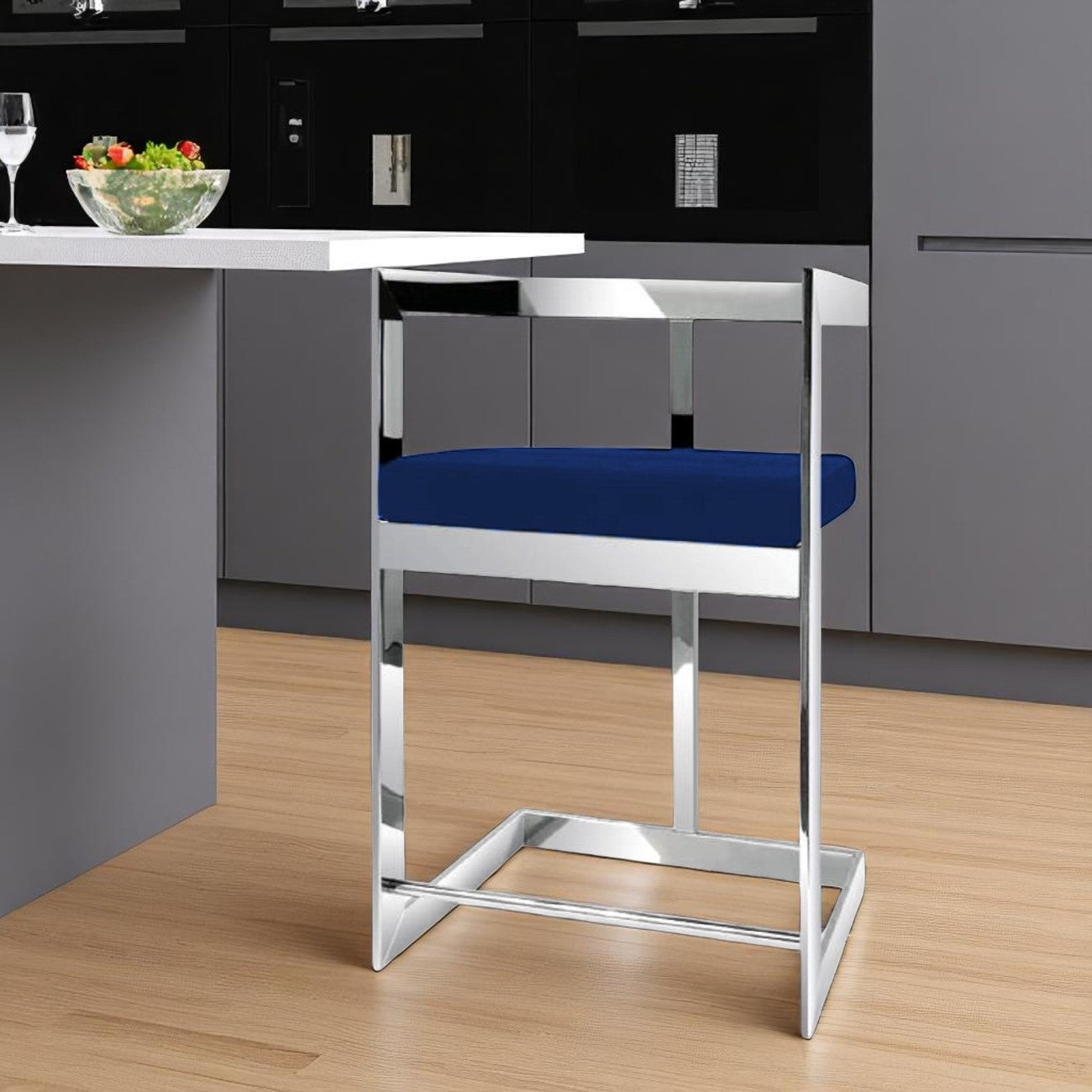 26" Blue and Silver Metal and Velvet Low Back Counter Height Bar Chair-0