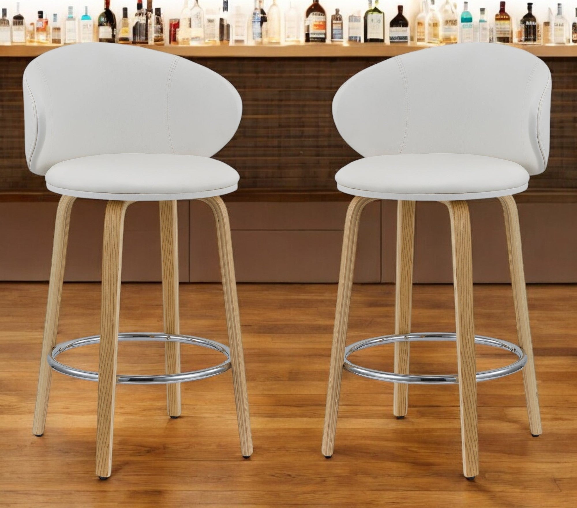 Set of Two 26" White and Brown Faux Leather and Solid Wood Low Back Counter Height Bar Chairs-1