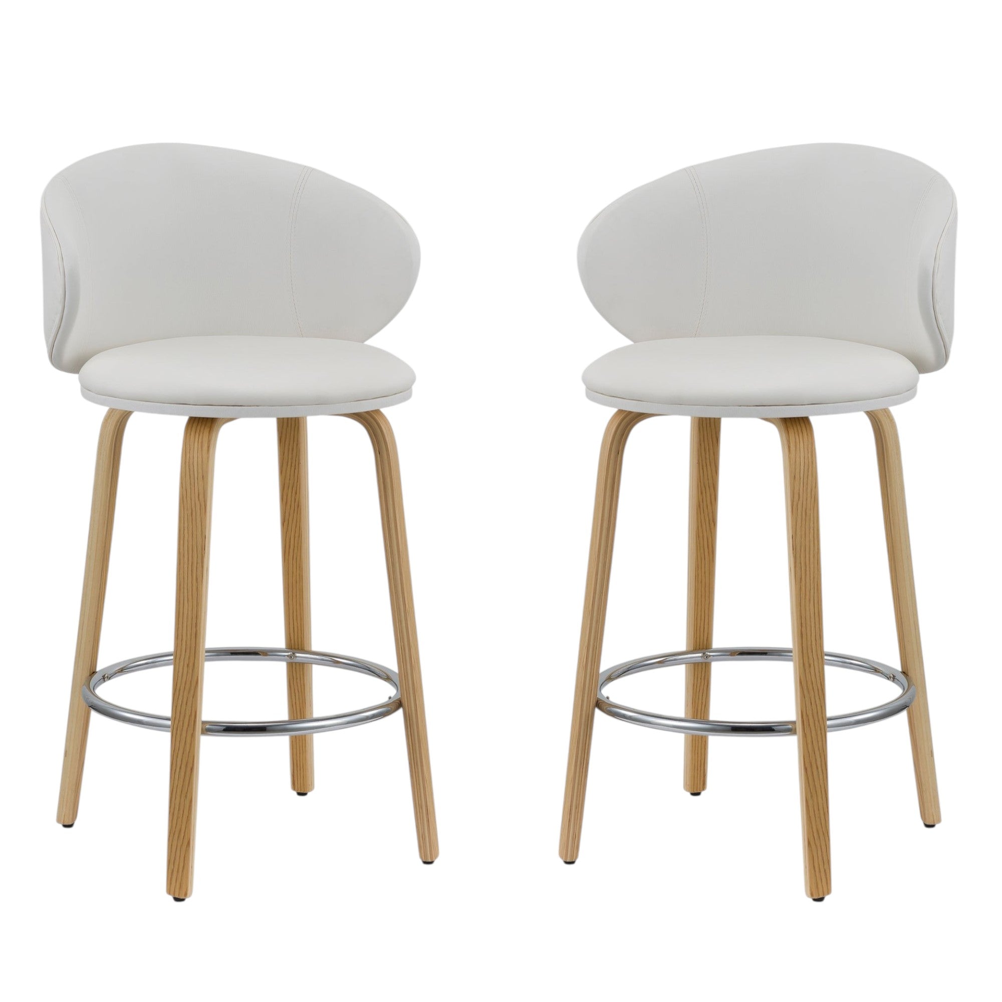 Set of Two 26" White and Brown Faux Leather and Solid Wood Low Back Counter Height Bar Chairs-2