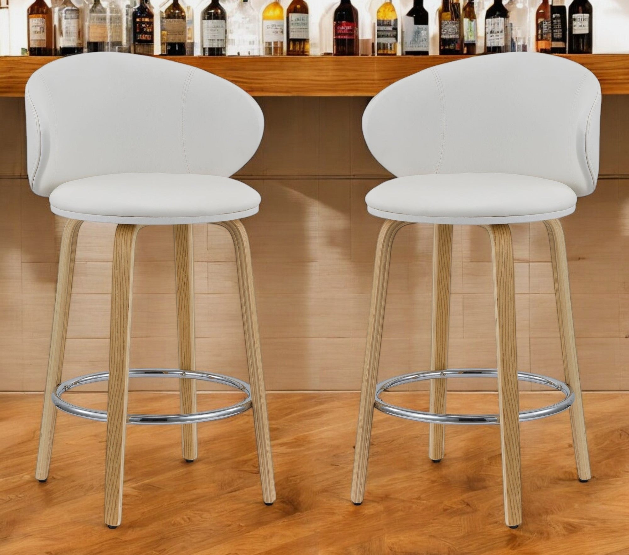 Set of Two 26" White and Brown Faux Leather and Solid Wood Low Back Counter Height Bar Chairs-0