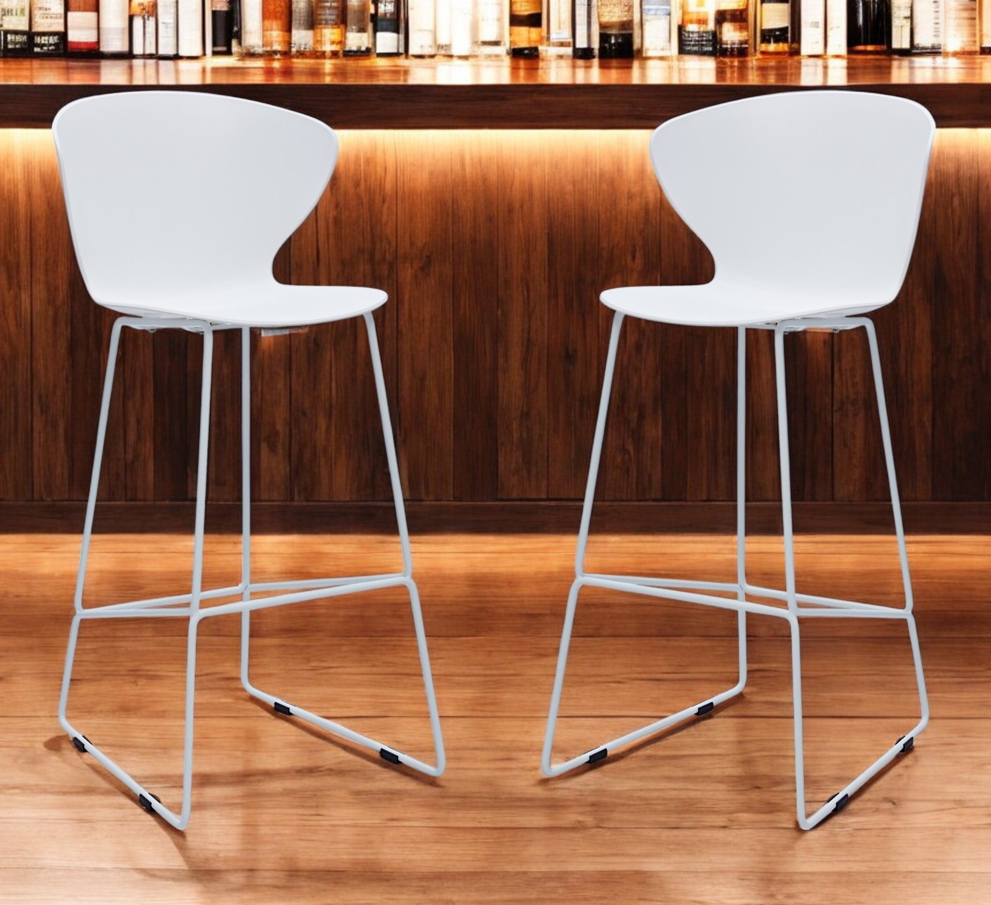 Set of Two 30" White and Silver Heavy Duty Plastic and Metal Low Back Bar Height Bar Chairs-0