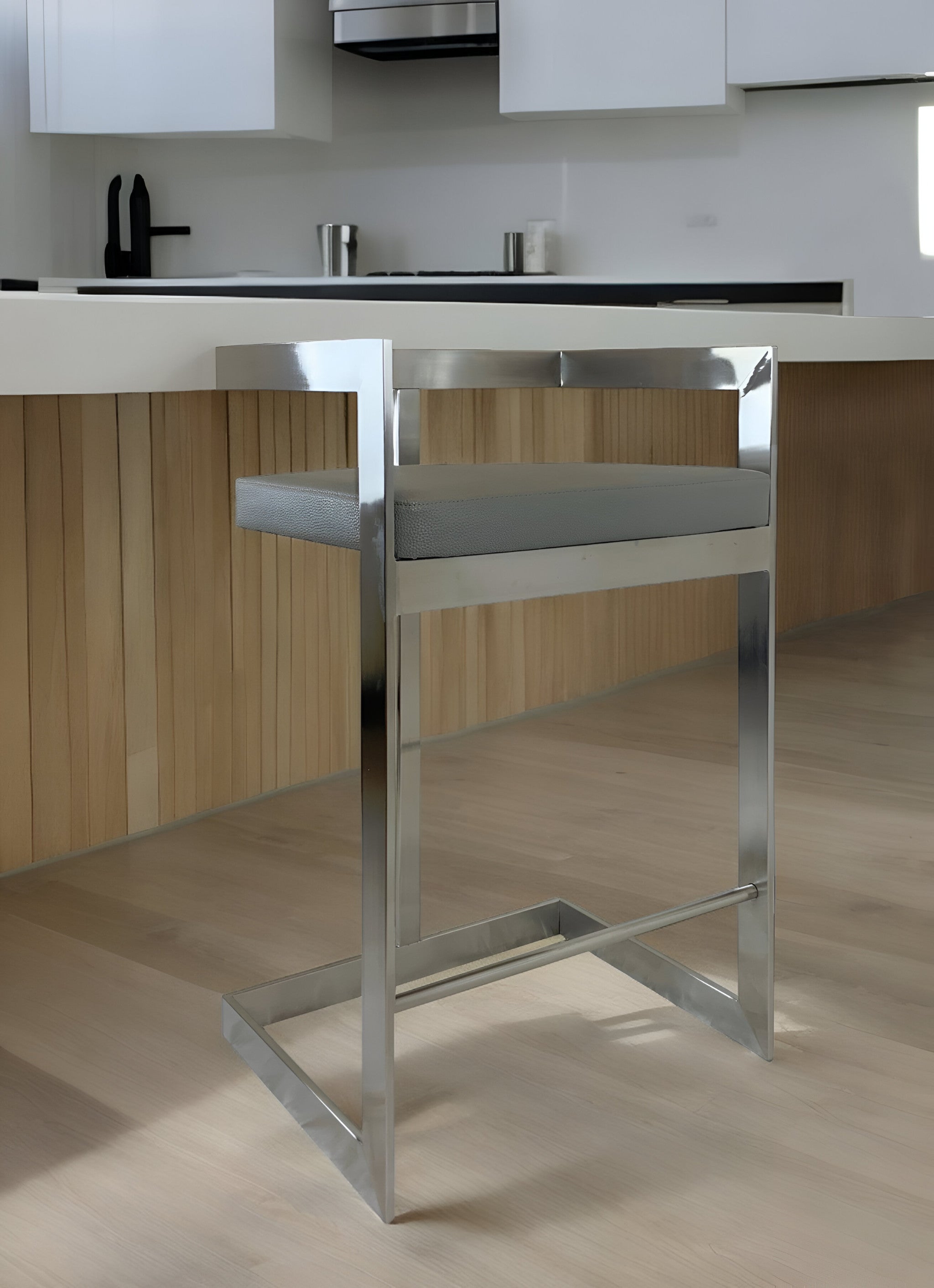 26" Gray and Silver Faux Leather and Metal Low Back Counter Height Bar Chair-1