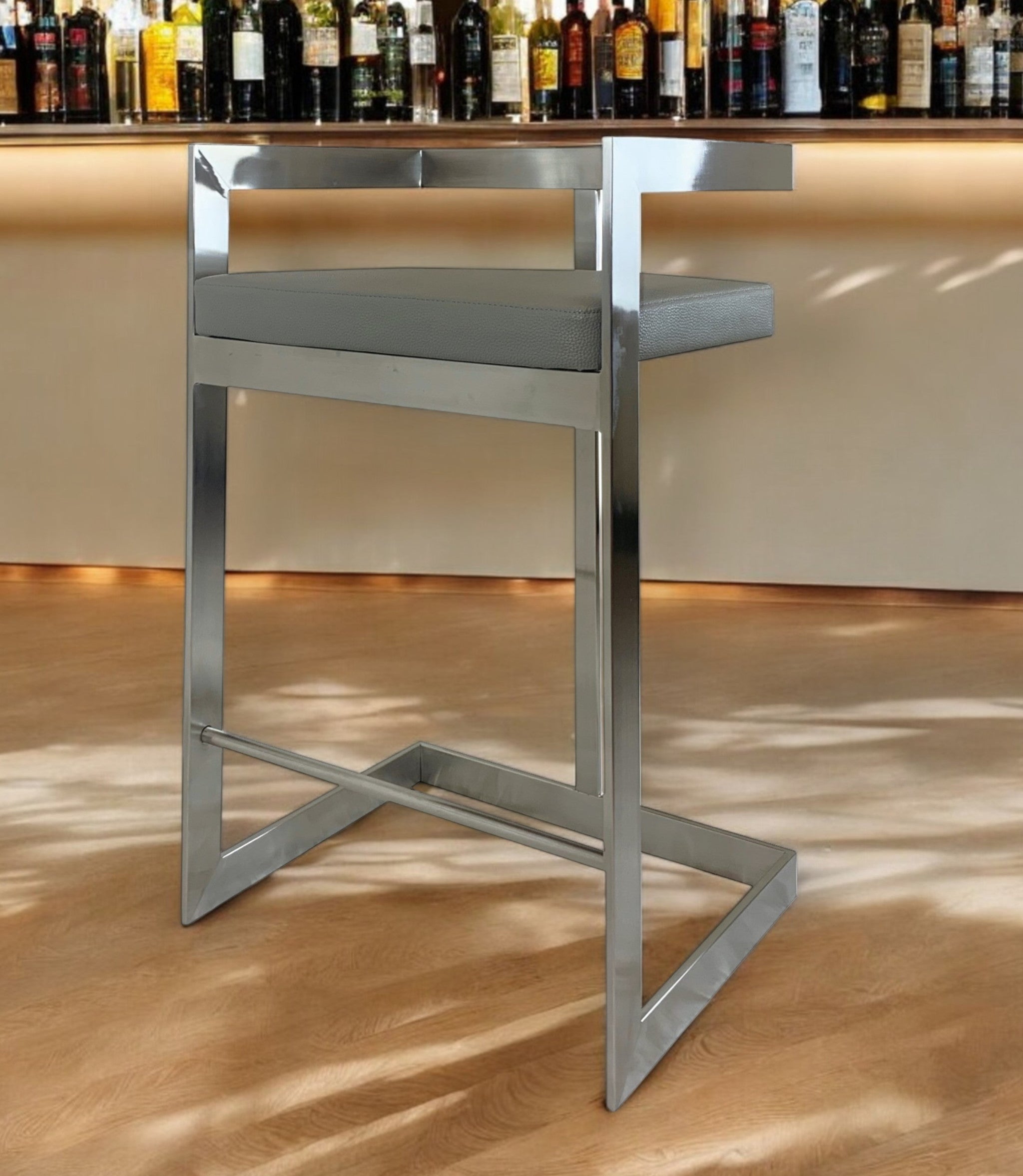 26" Gray and Silver Faux Leather and Metal Low Back Counter Height Bar Chair-0