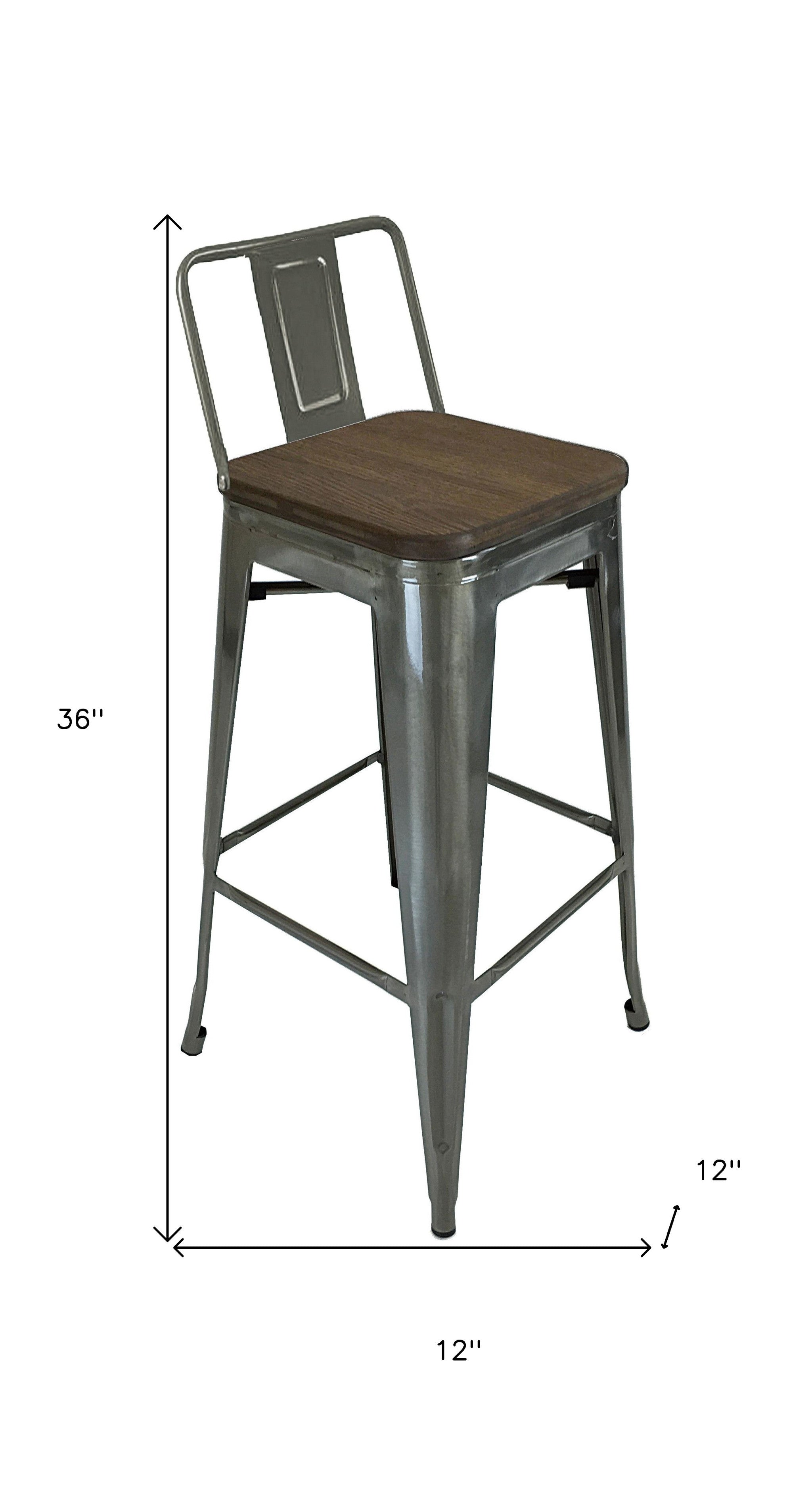 Set of Four 30" Brown and Gray Solid Wood and Metal Low Back Bar Height Bar Chairs-6