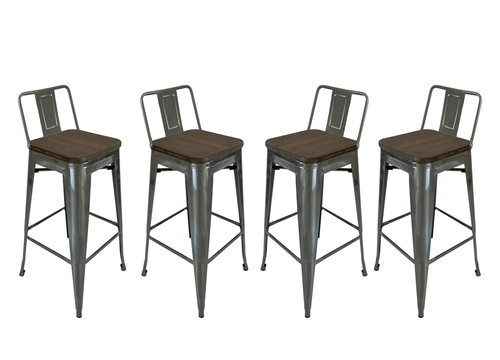 Set of Four 30" Brown and Gray Solid Wood and Metal Low Back Bar Height Bar Chairs-1