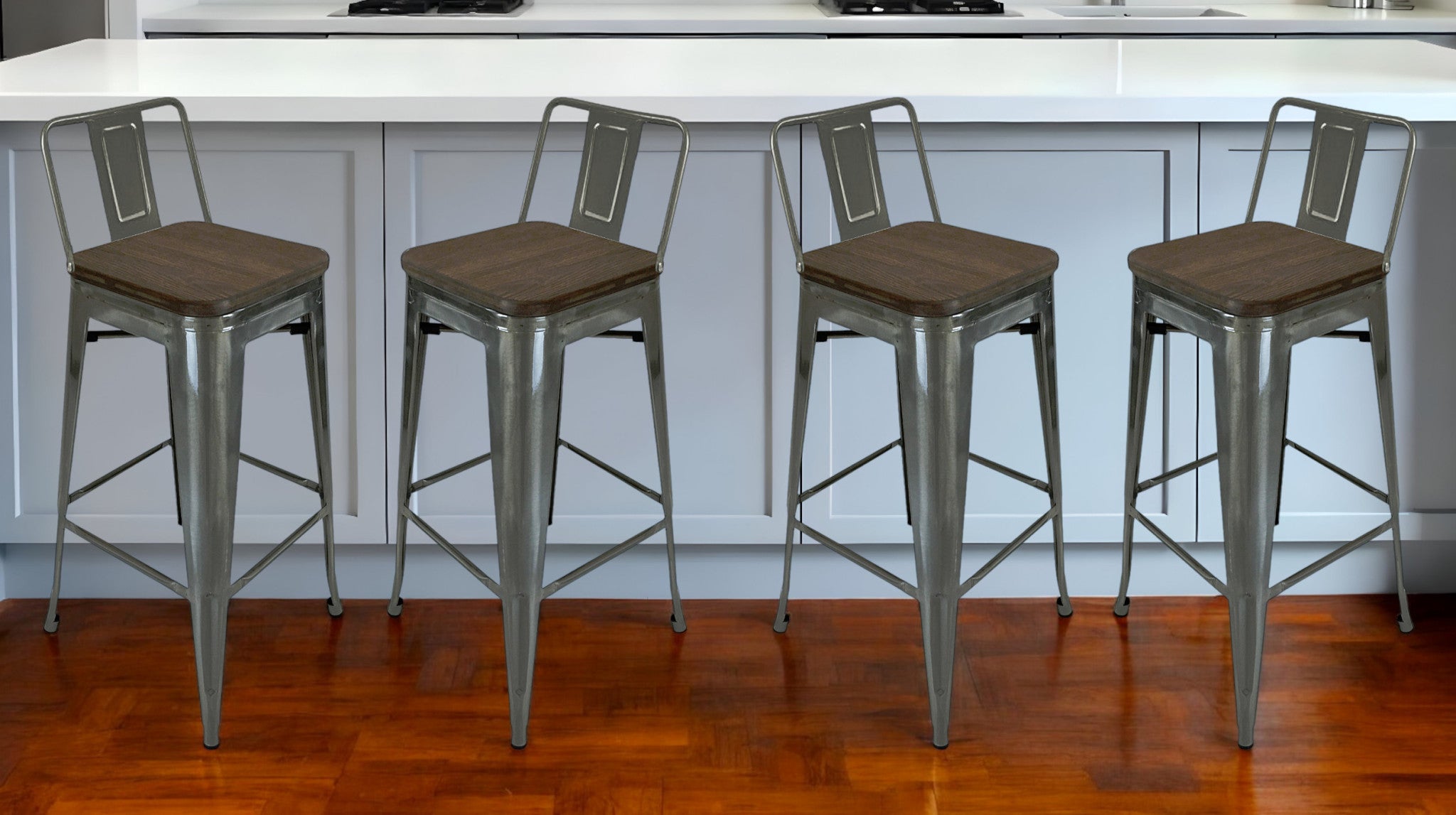 Set of Four 30" Brown and Gray Solid Wood and Metal Low Back Bar Height Bar Chairs-0