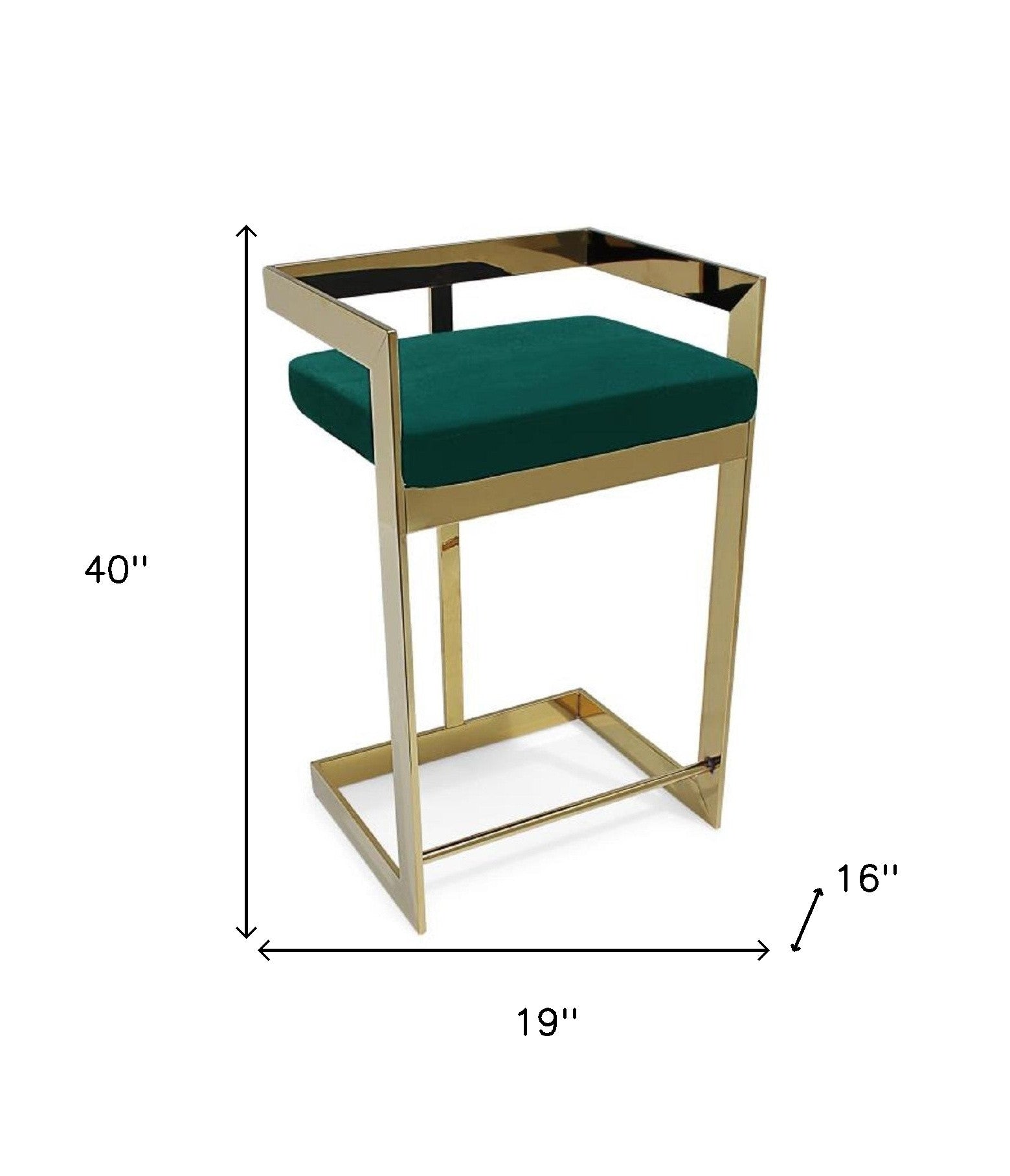 30" Green and Gold Metal and Velvet Low Back Bar Height Bar Chair-5