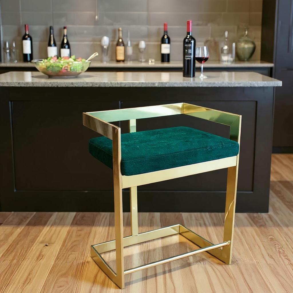 30" Green and Gold Metal and Velvet Low Back Bar Height Bar Chair-0