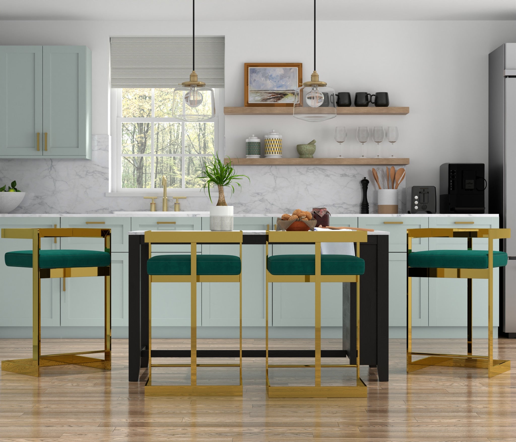 26" Green and Gold Velvet and Stainless Steel Backless Bar Height Bar Chair-3