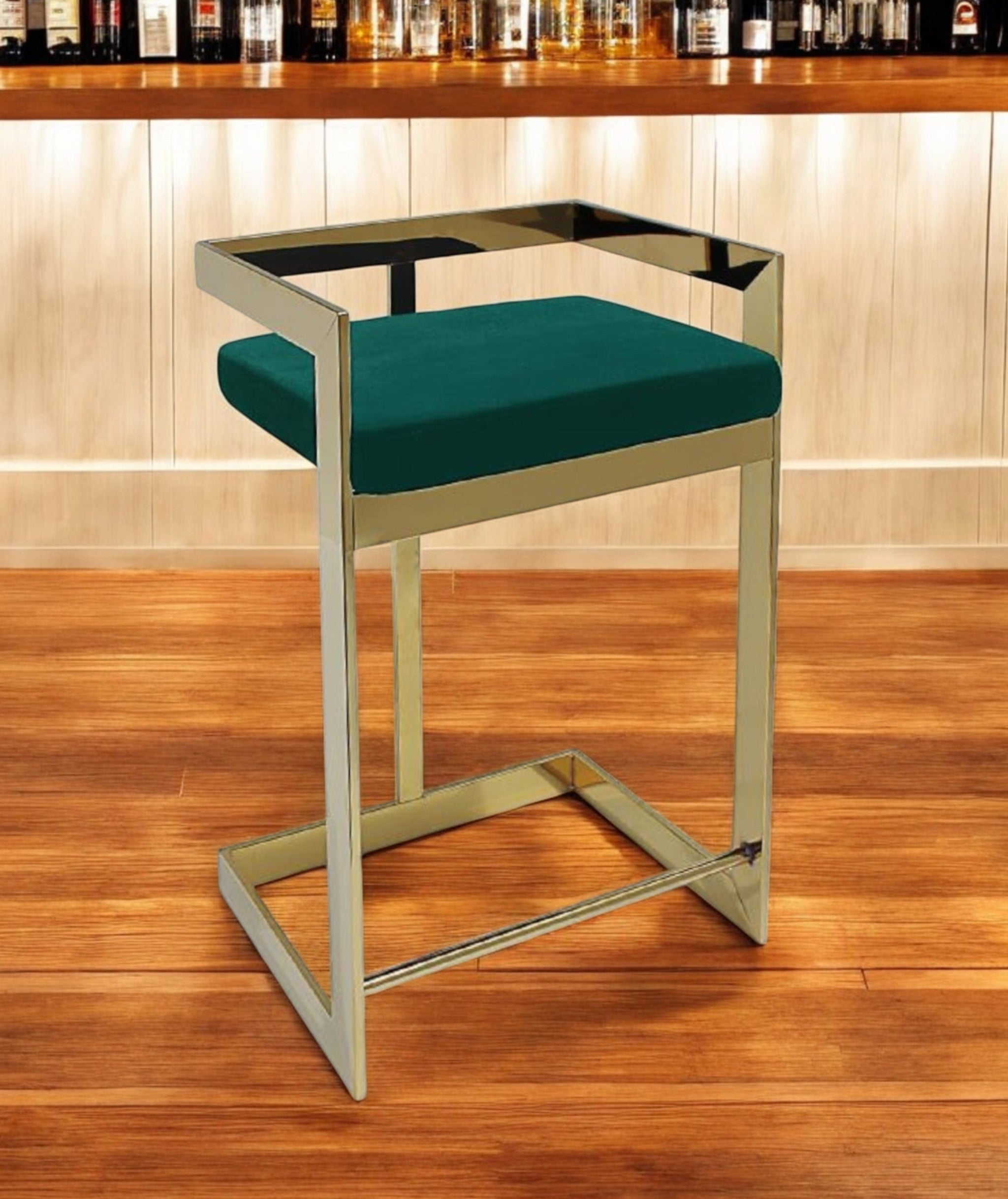 26" Green and Gold Velvet and Stainless Steel Backless Bar Height Bar Chair-0