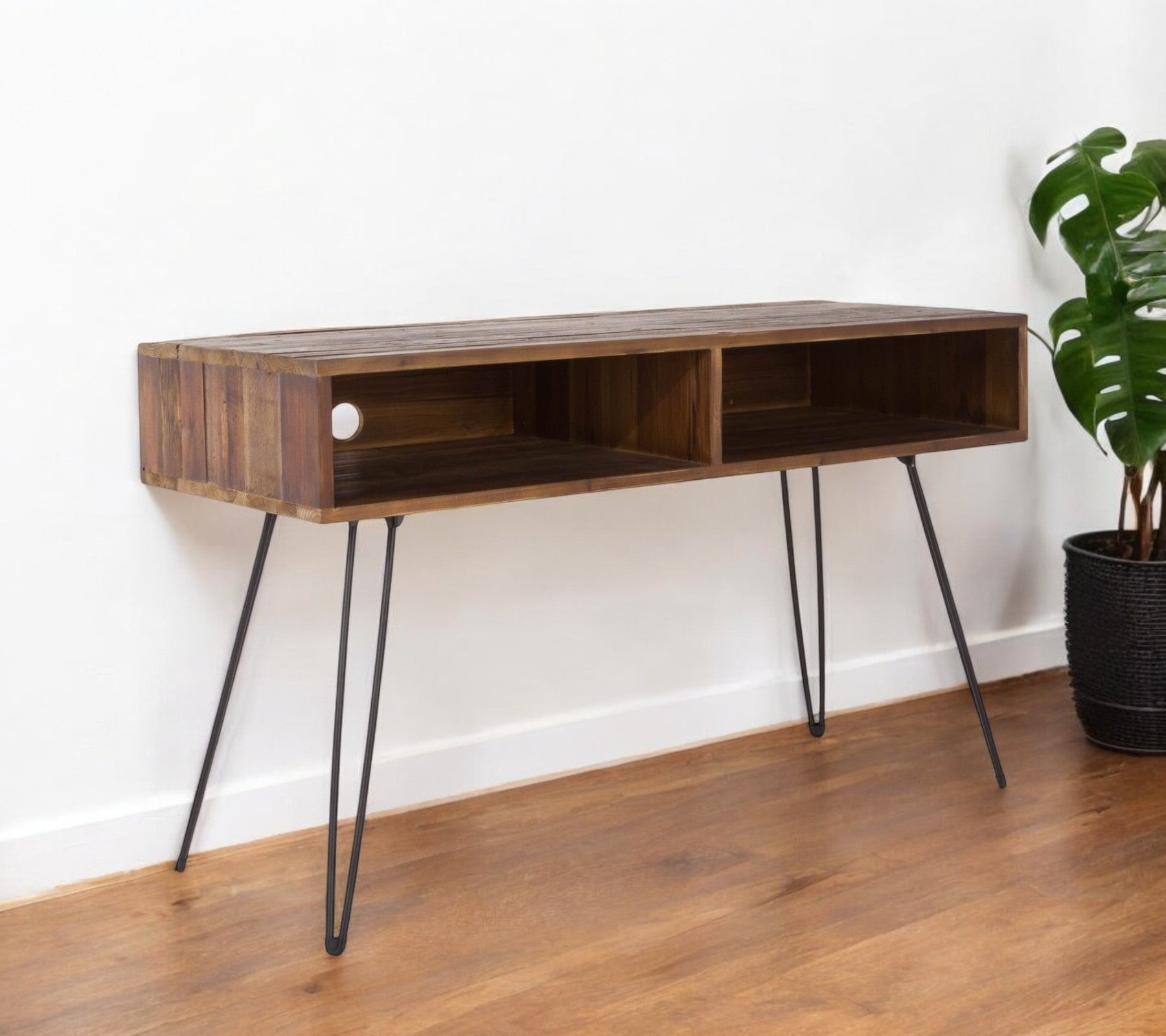 48" Black And Brown Metal And Reclaimed Wood Open Shelving TV Stand-0