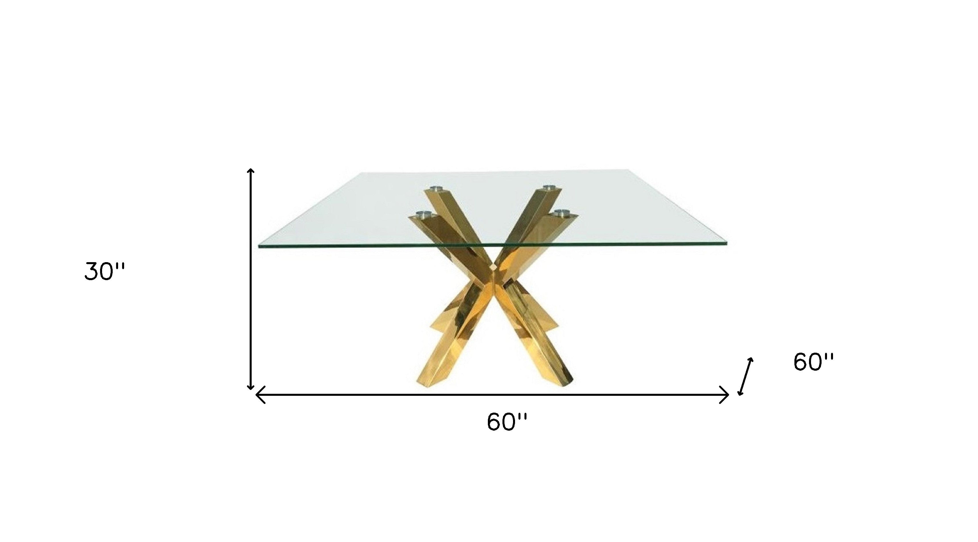 60" Clear and Gold Glass And Metal Cross Leg Base Square Dining Table-4