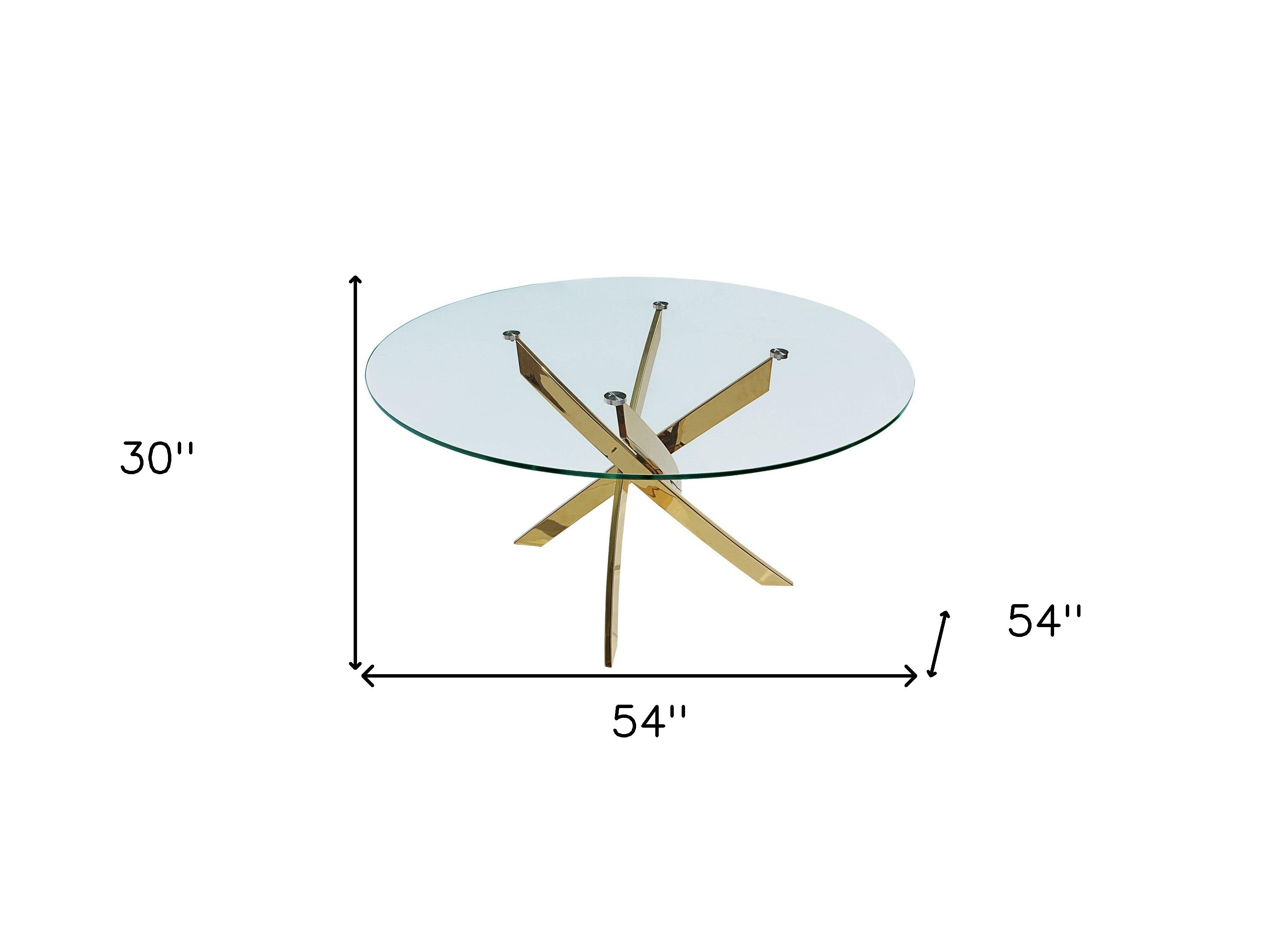 54" Clear and Gold Glass And Metal Cross Leg Base Round Top Dining Table-5