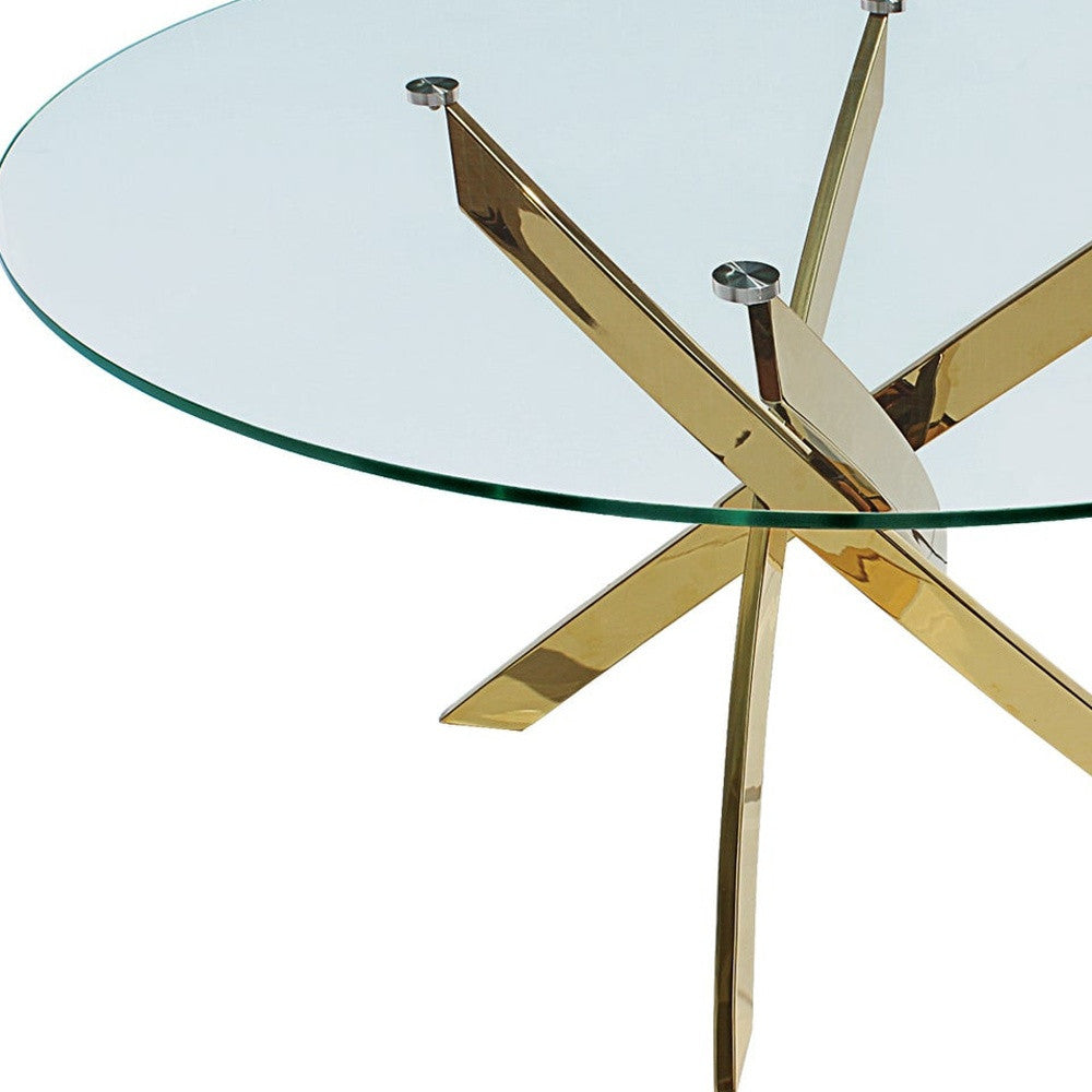 54" Clear and Gold Glass And Metal Cross Leg Base Round Top Dining Table-3