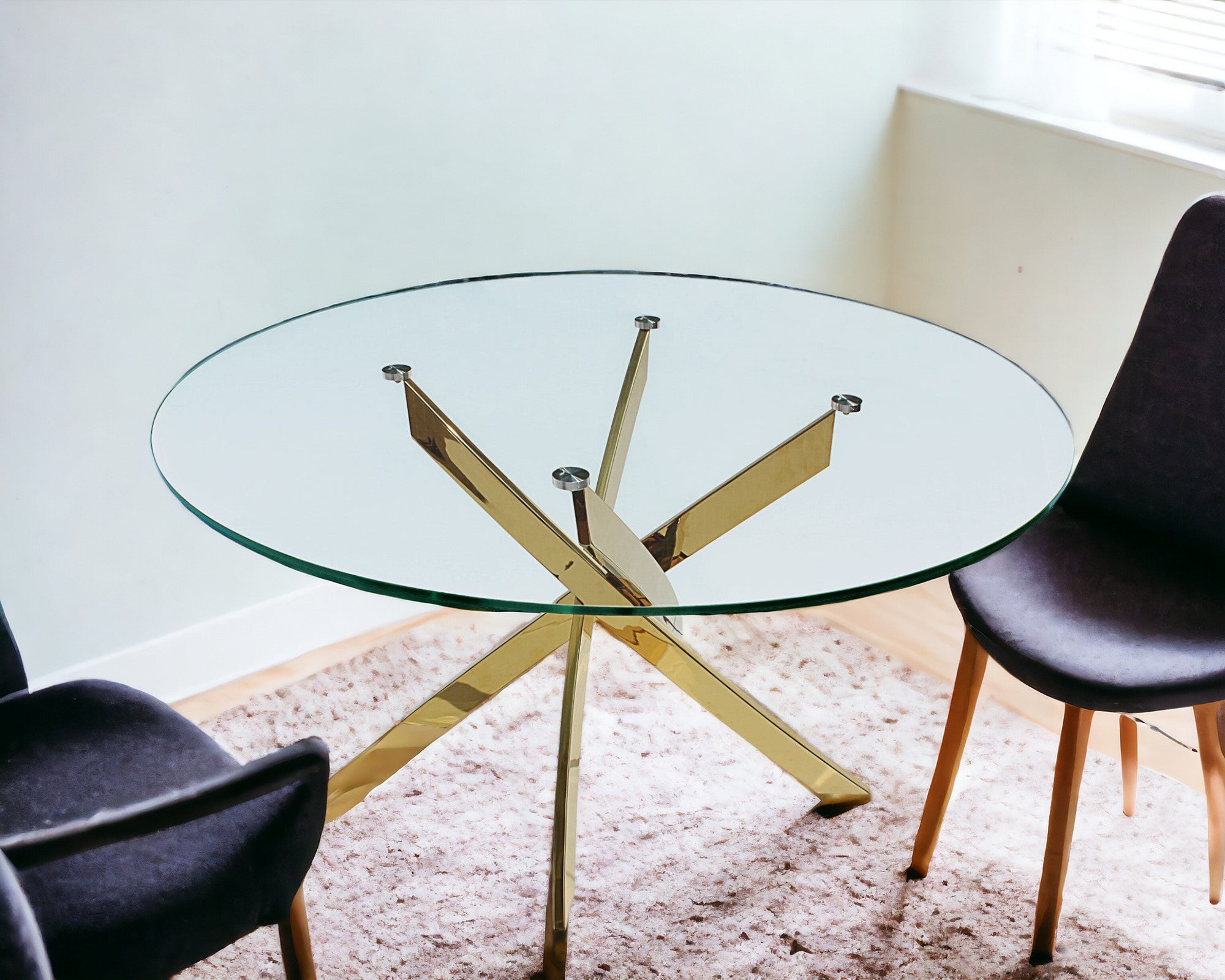 54" Clear and Gold Glass And Metal Cross Leg Base Round Top Dining Table-1