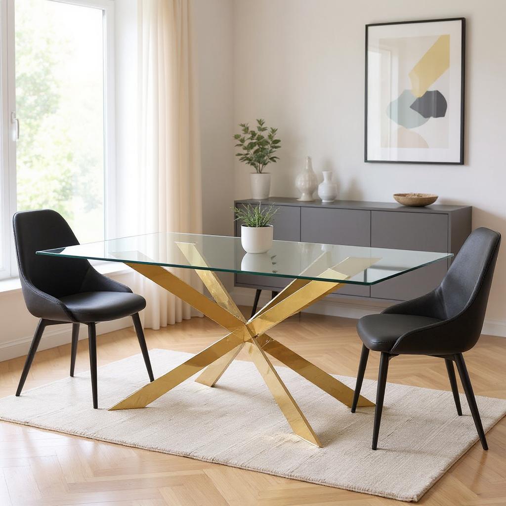 72" Clear and Gold Glass and Metal Cross Leg Base Dining Table-0