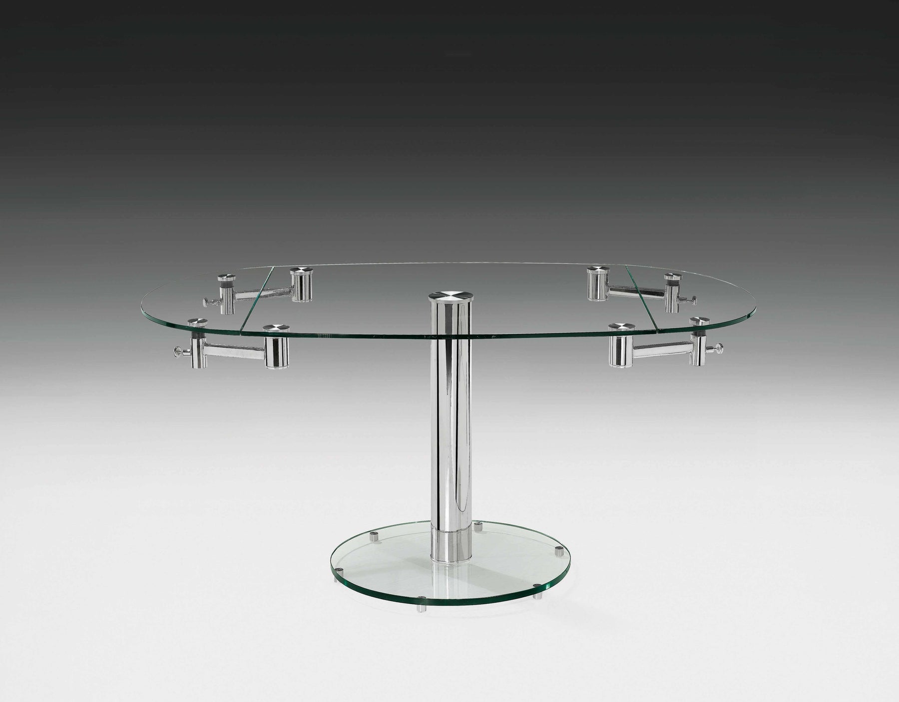 40" Clear and Silver Glass and Metal Self-Storing Leaf Motion Extendable Dining Table-6