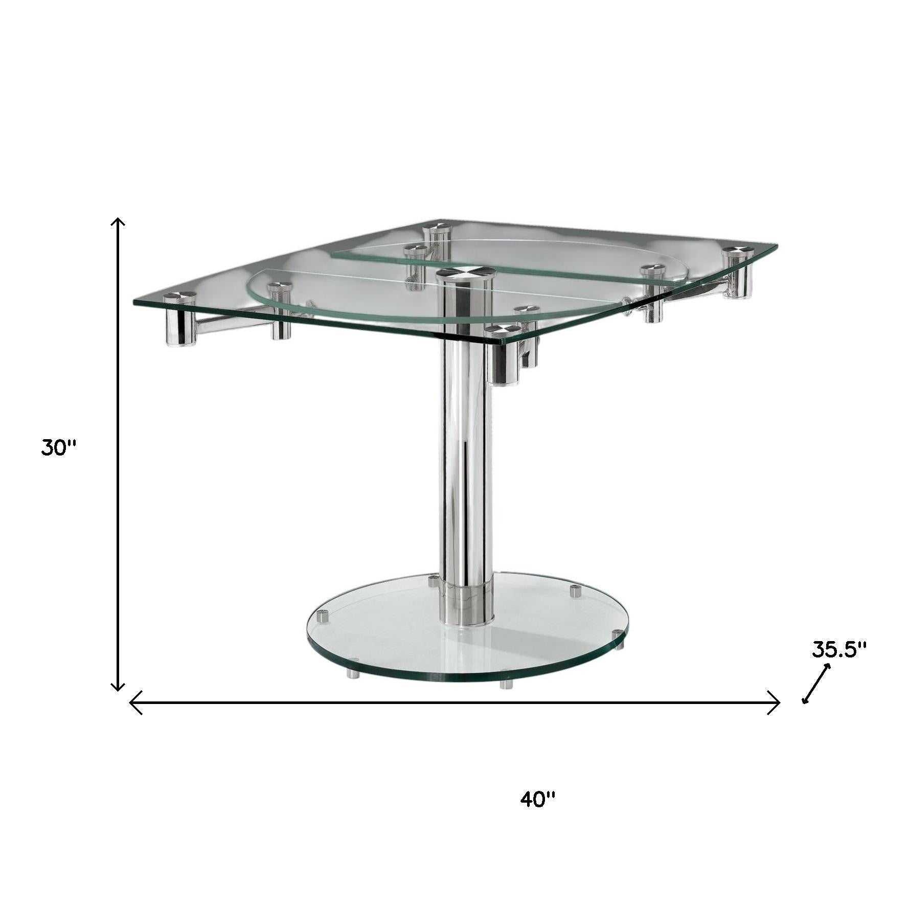 40" Clear and Silver Glass and Metal Self-Storing Leaf Motion Extendable Dining Table-8