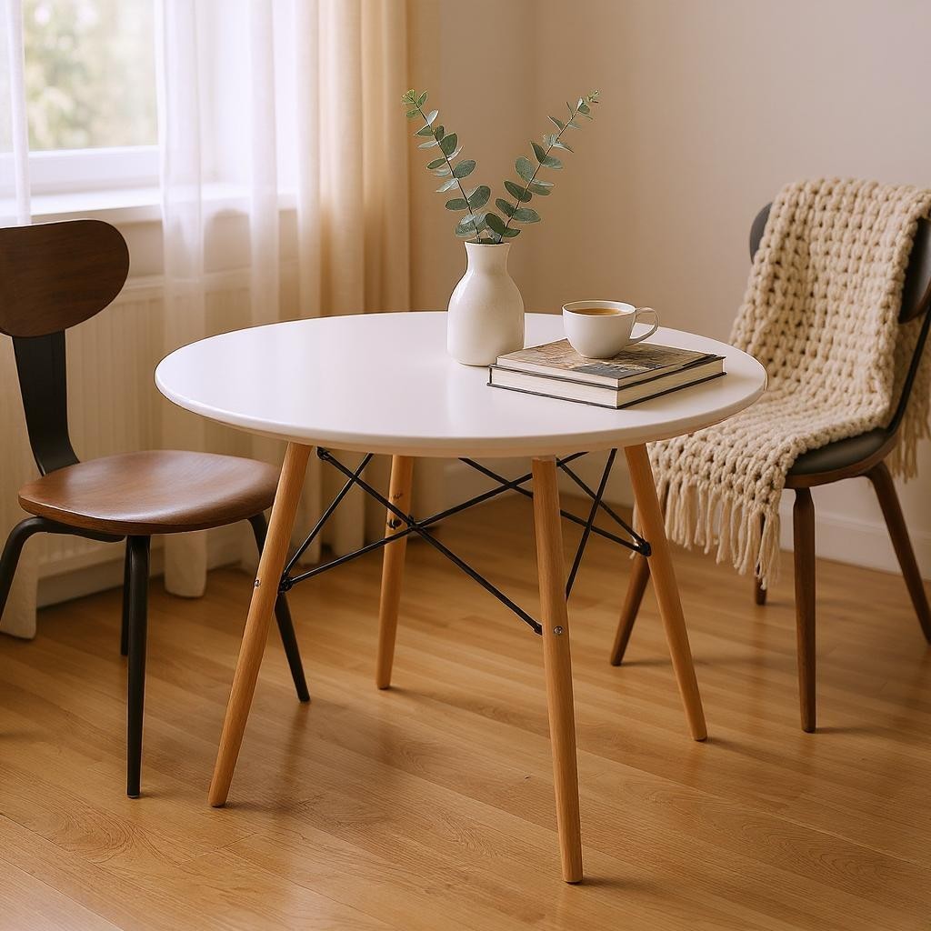 36" White and Natural Wood Round Top Dining Table-0