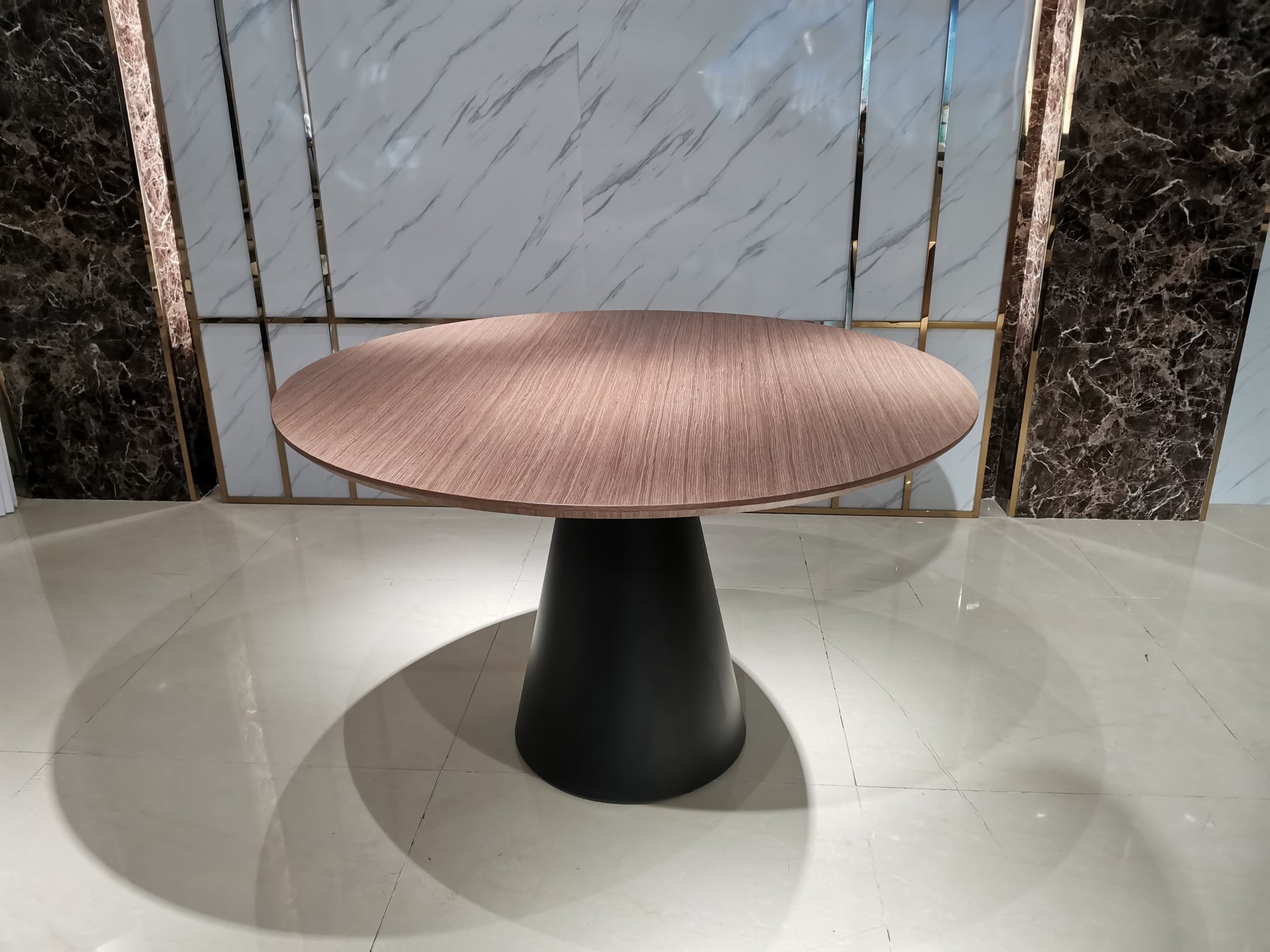 48" Brown and Black Wood And Metal Pedestal Base Round Top Dining Table-3