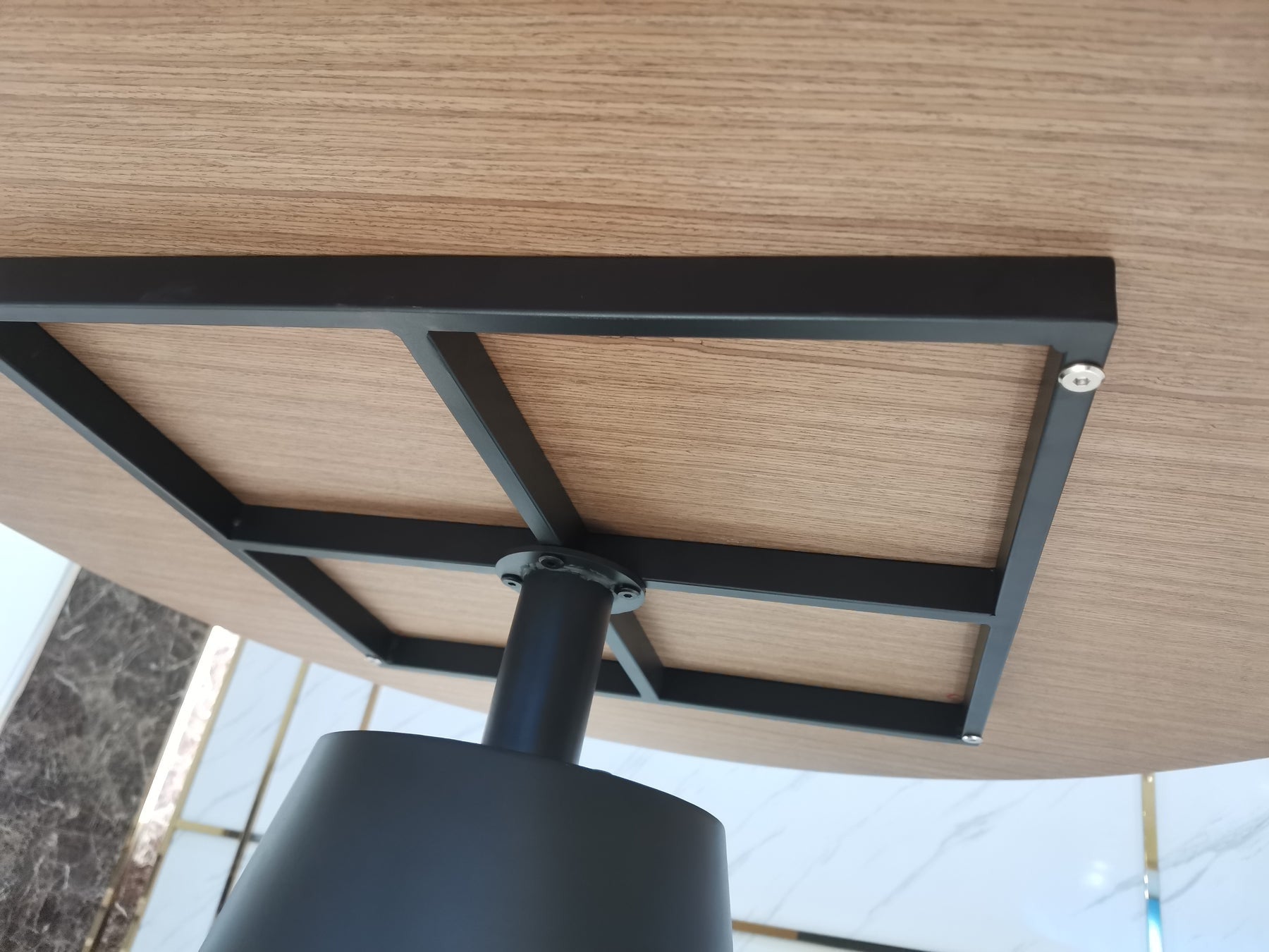 48" Brown and Black Wood And Metal Pedestal Base Round Top Dining Table-4