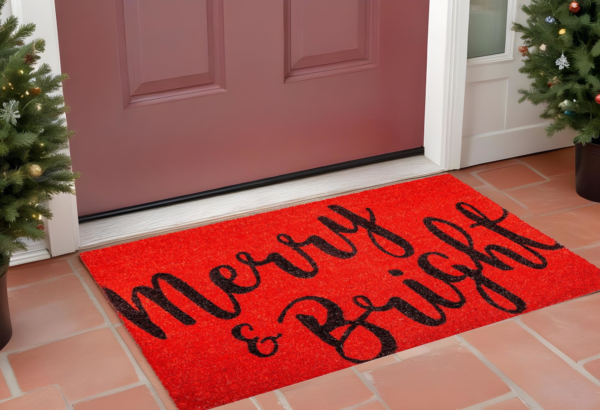 24" X 36" Red and Black Coir Merry and Bright Outdoor Christmas Door Mat-0