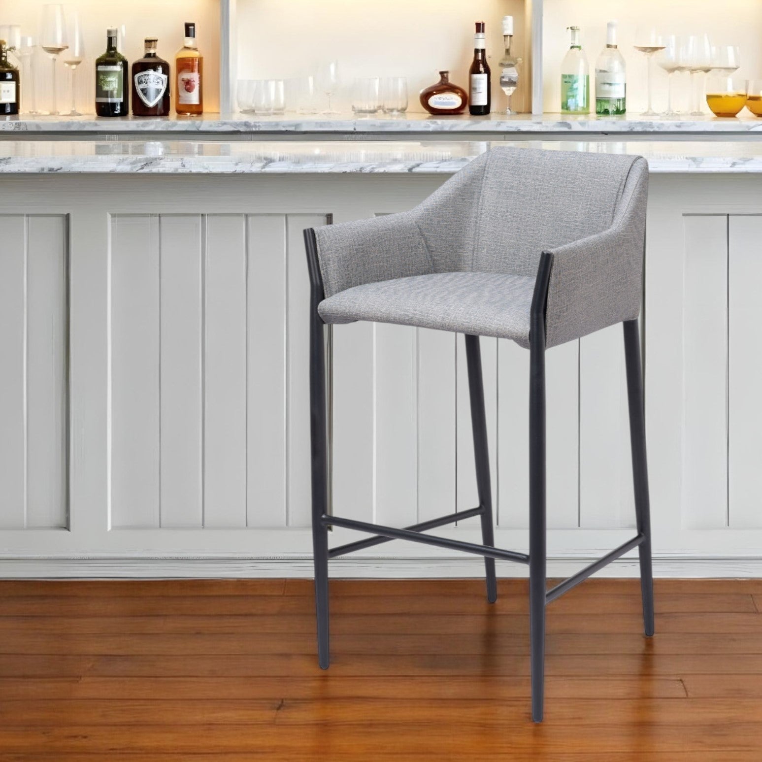 30" Slate Gray And Black Fabric And Steel Bar Height Bar Chair-1