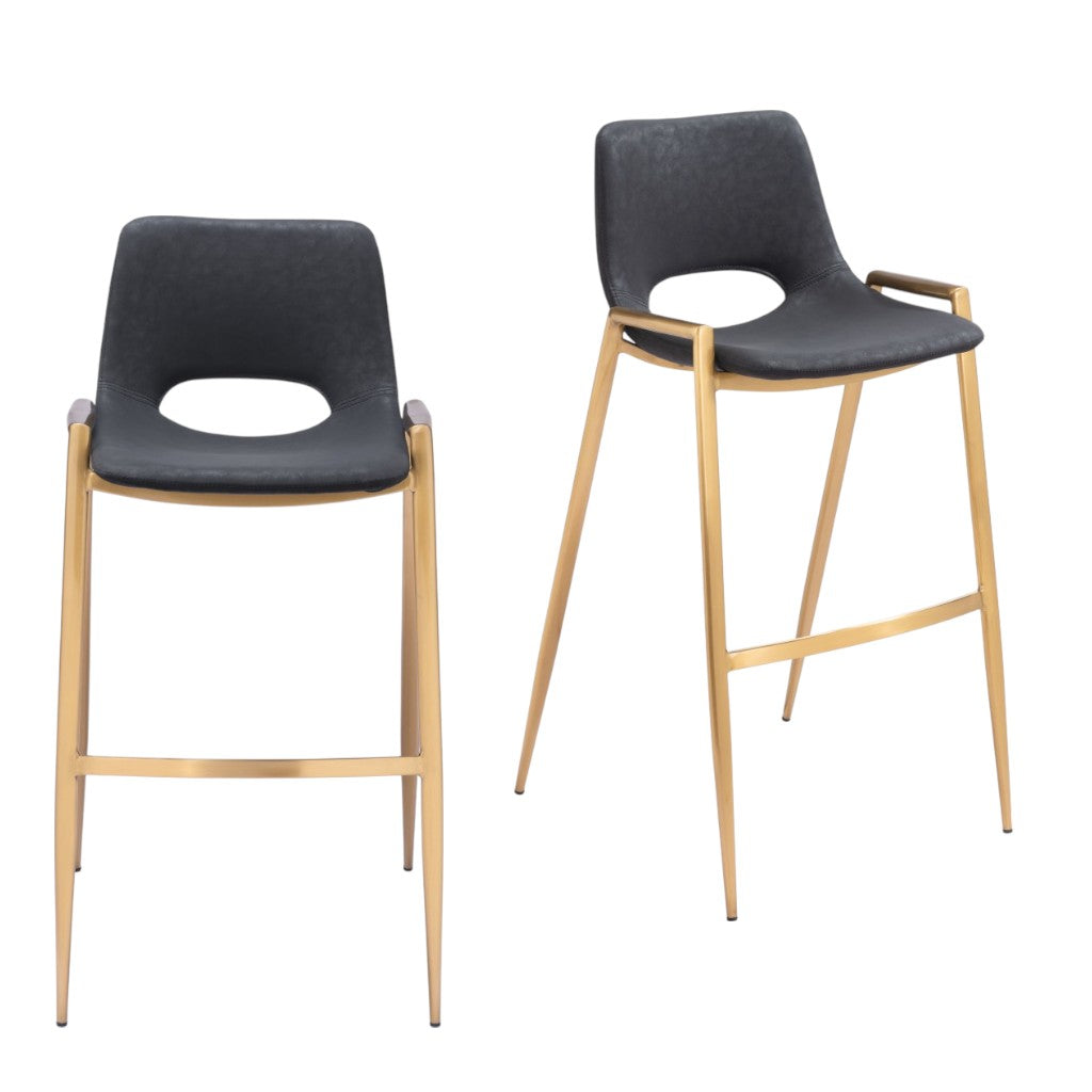 Set of Two 30" Black and Gold Faux Leather and Steel Low Back Bar Height Bar Chairs-6