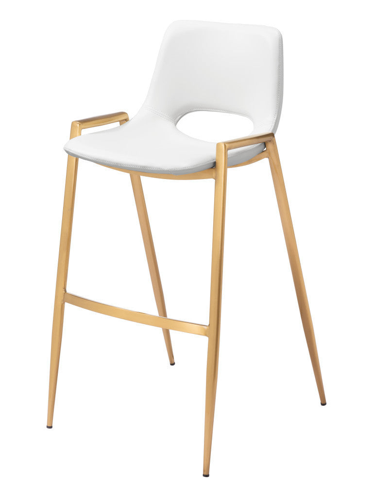 Set of Two 30" White And Gold Faux Leather And Steel Low Back Bar Height Bar Chairs-0