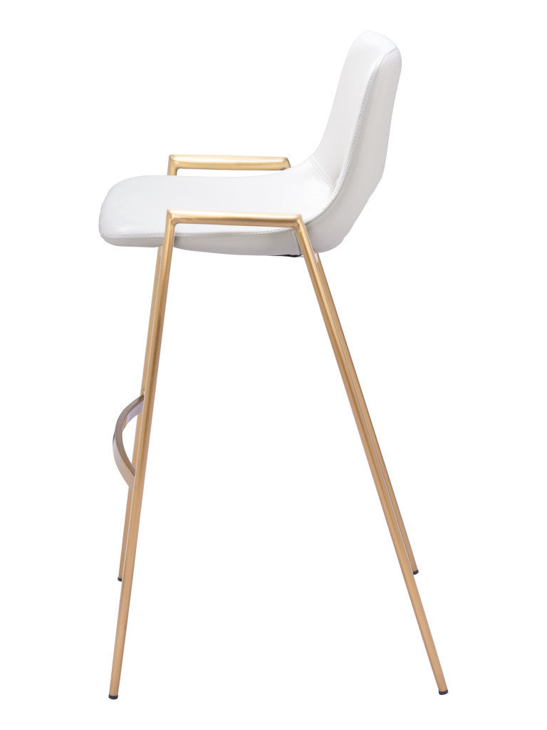 Set of Two 30" White And Gold Faux Leather And Steel Low Back Bar Height Bar Chairs-2