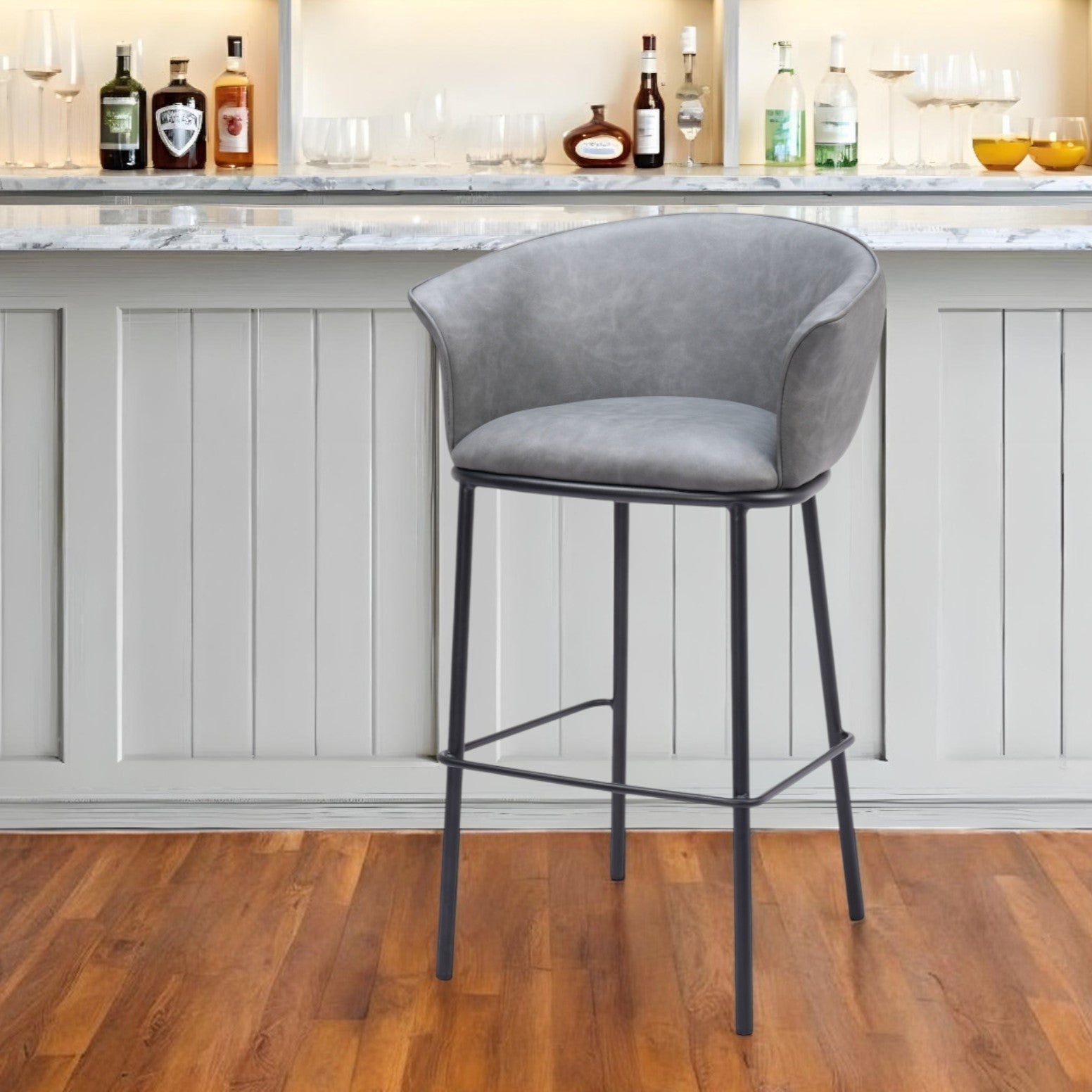 30" Gray And Black Faux Leather And Steel Bar Height Bar Chair-1