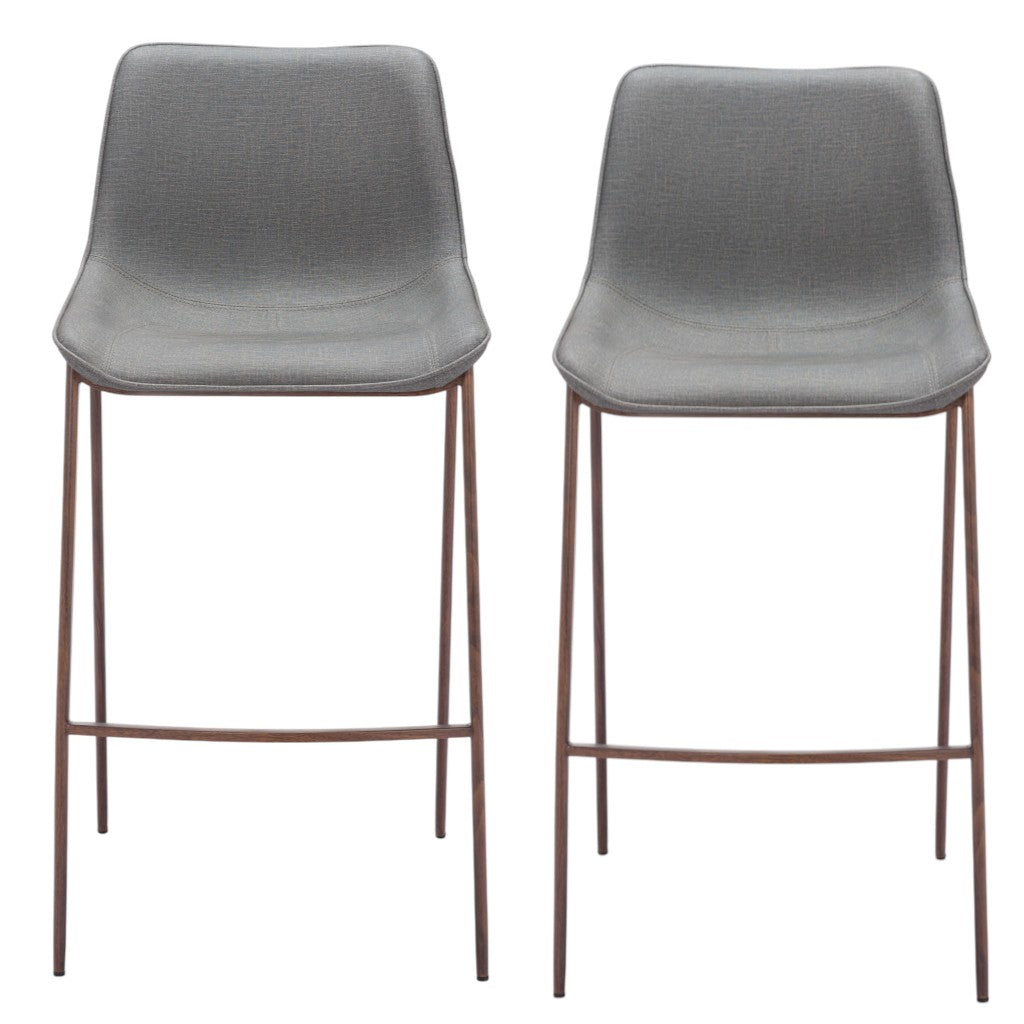 Set of Two 30" Slate Gray and Brown Faux Leather and Steel Bar Height Bar Chairs-1