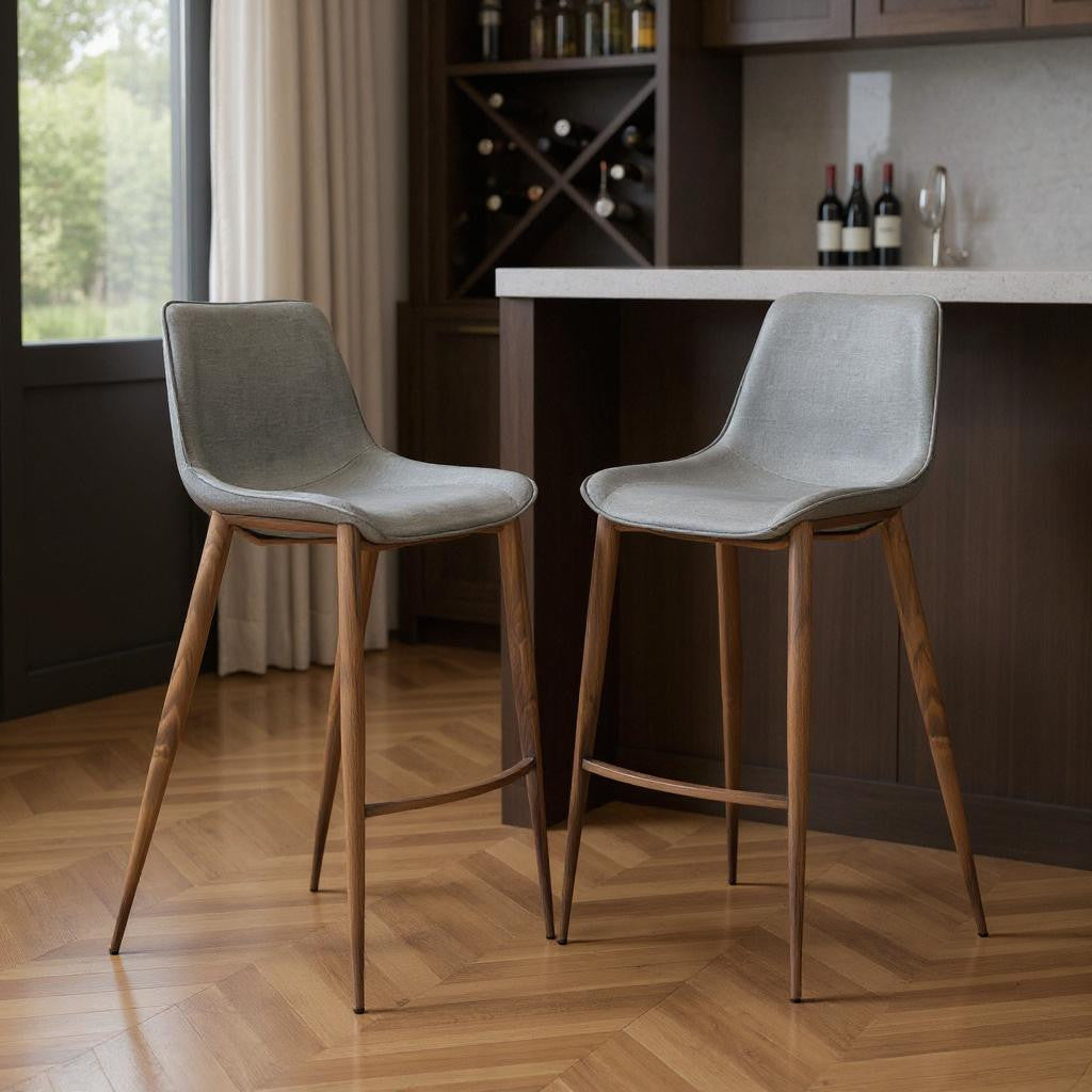 Set of Two 30" Slate Gray and Brown Faux Leather and Steel Bar Height Bar Chairs-0