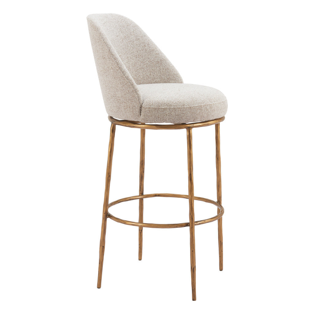 32" Beige And Gold Fabric And Steel Bar Height Swivel Bar Chair-7