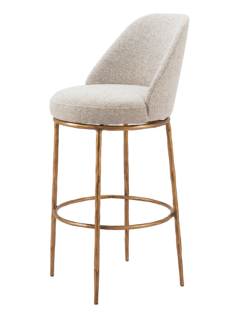 32" Beige And Gold Fabric And Steel Bar Height Swivel Bar Chair-2