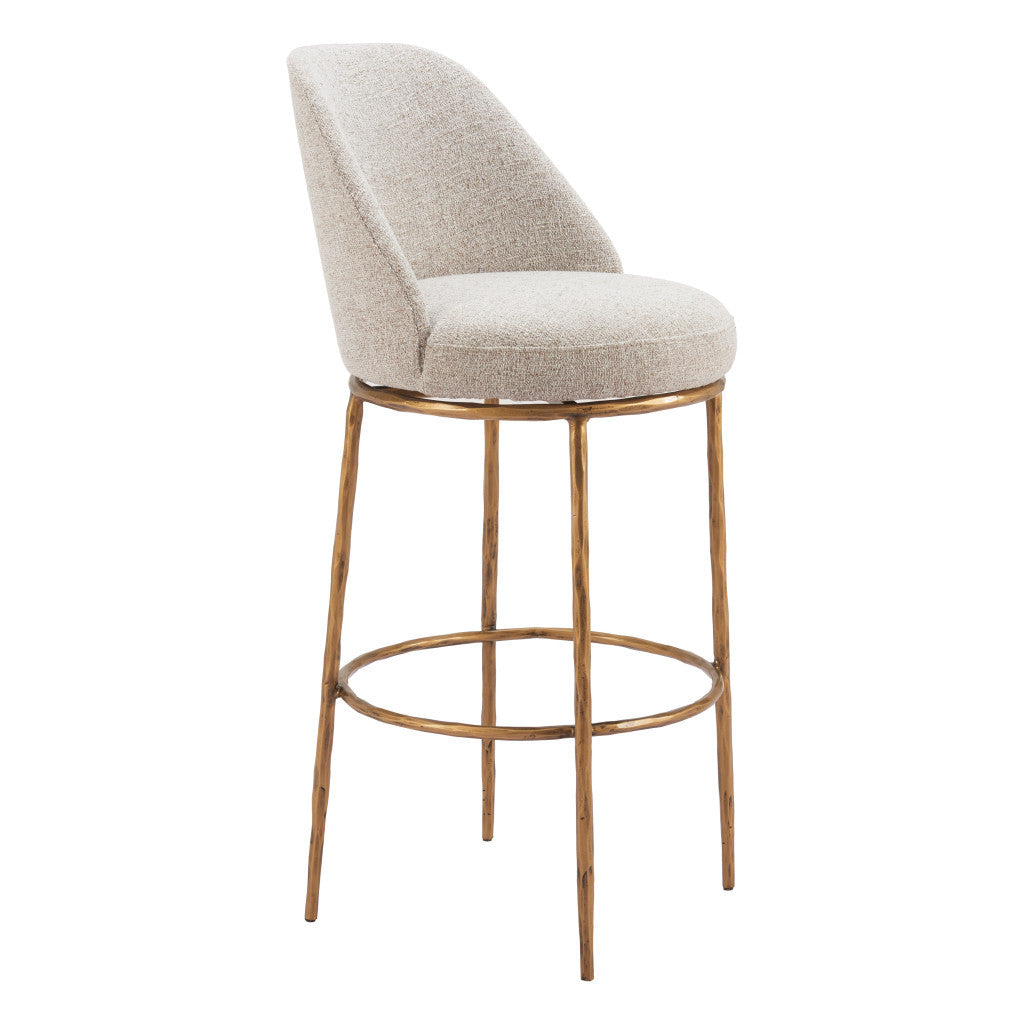 32" Beige And Gold Fabric And Steel Bar Height Swivel Bar Chair-3