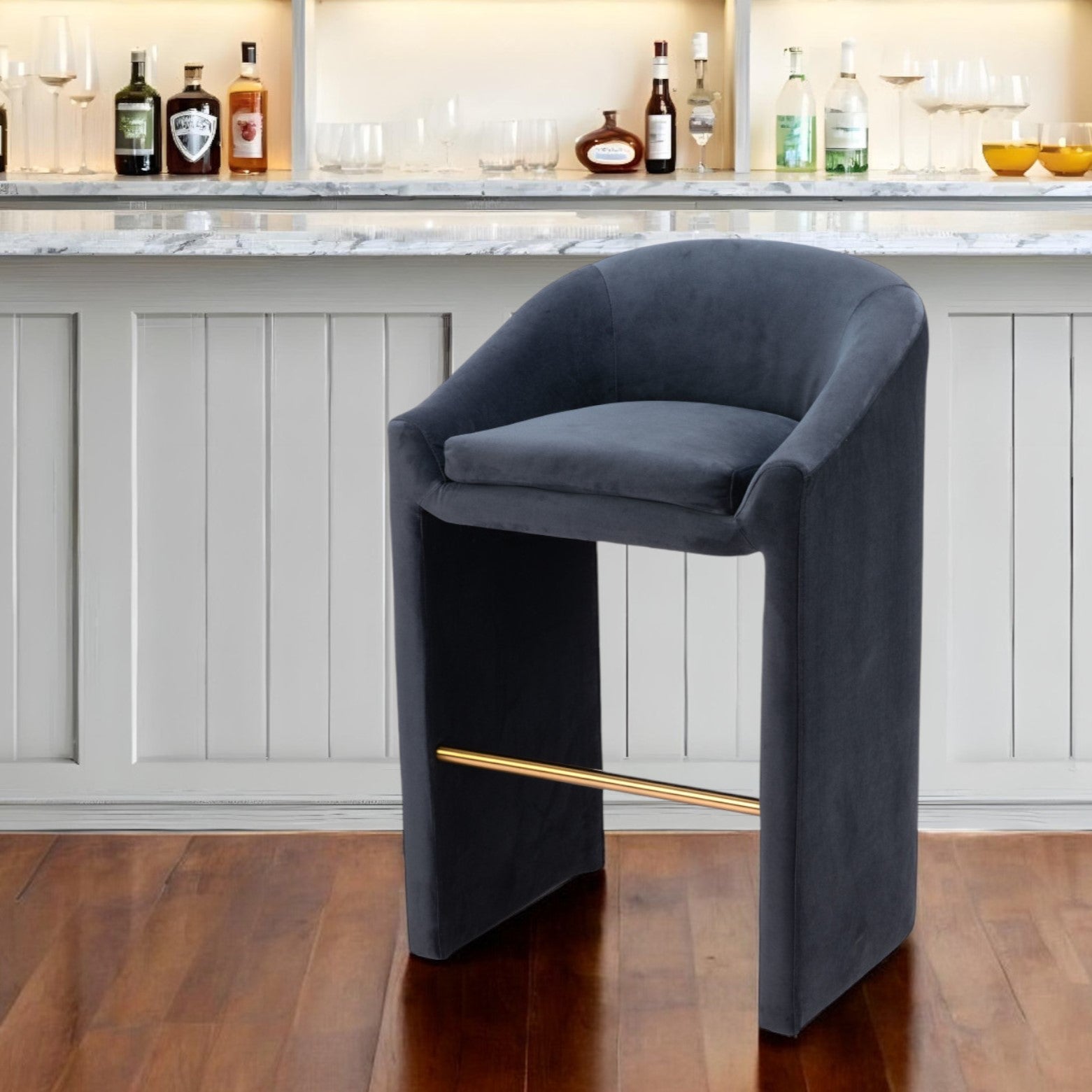 30" Gray And Gold Velvet And Steel Low Back Bar Height Bar Chair-1