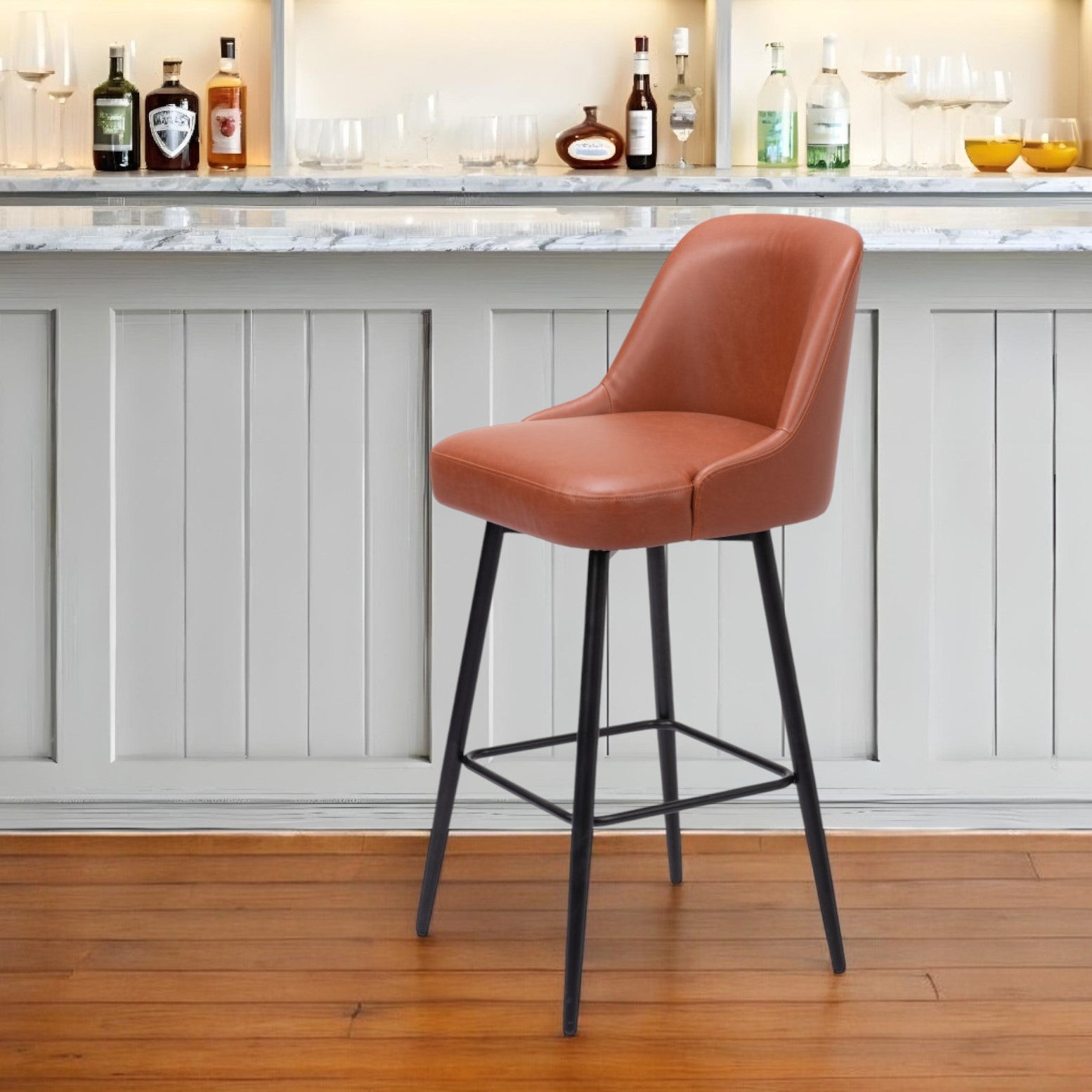 30" Brown And Black Faux Leather And Steel Bar Height Swivel Bar Chair-1