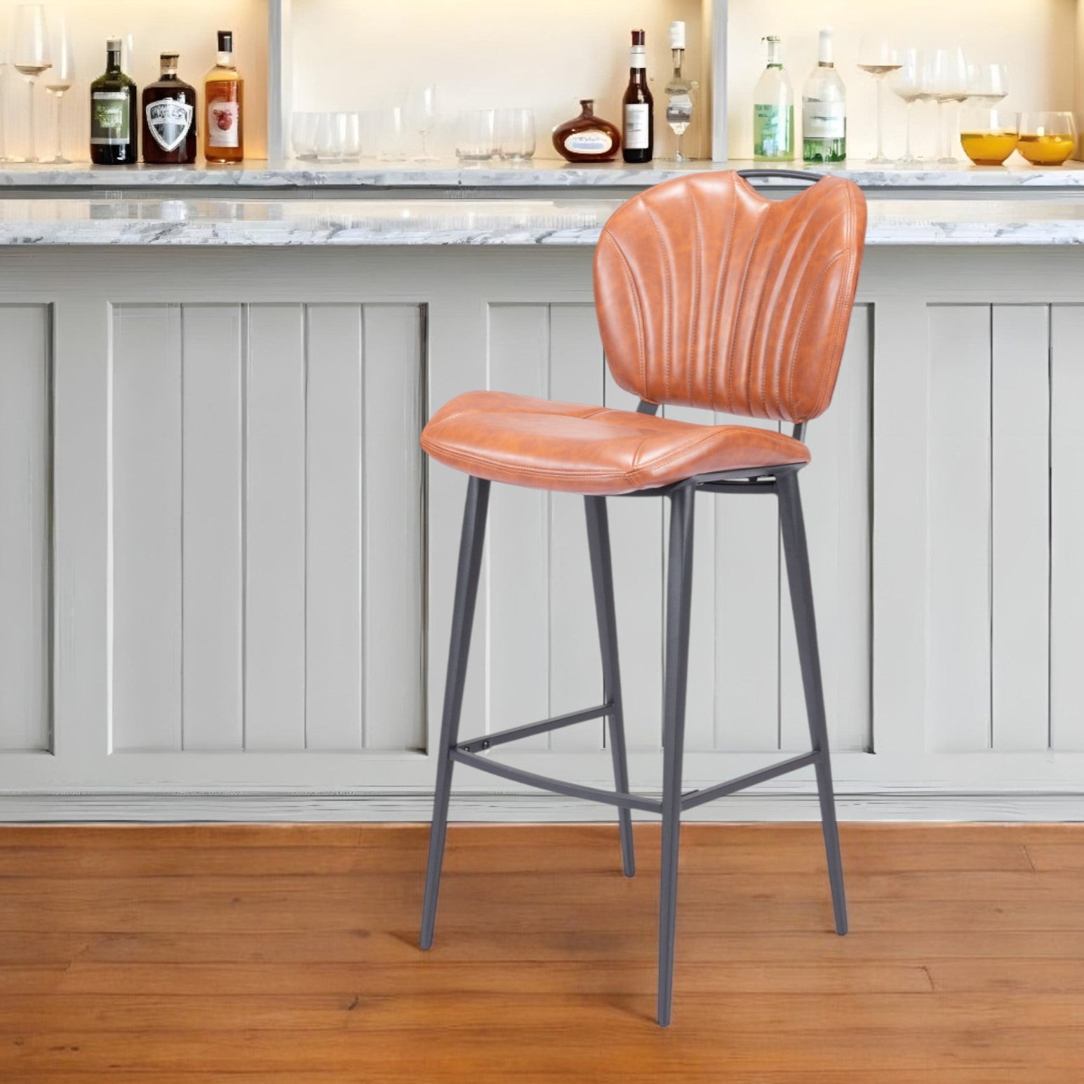 30" Brown And Black Faux Leather And Steel Low Back Bar Height Bar Chair-1