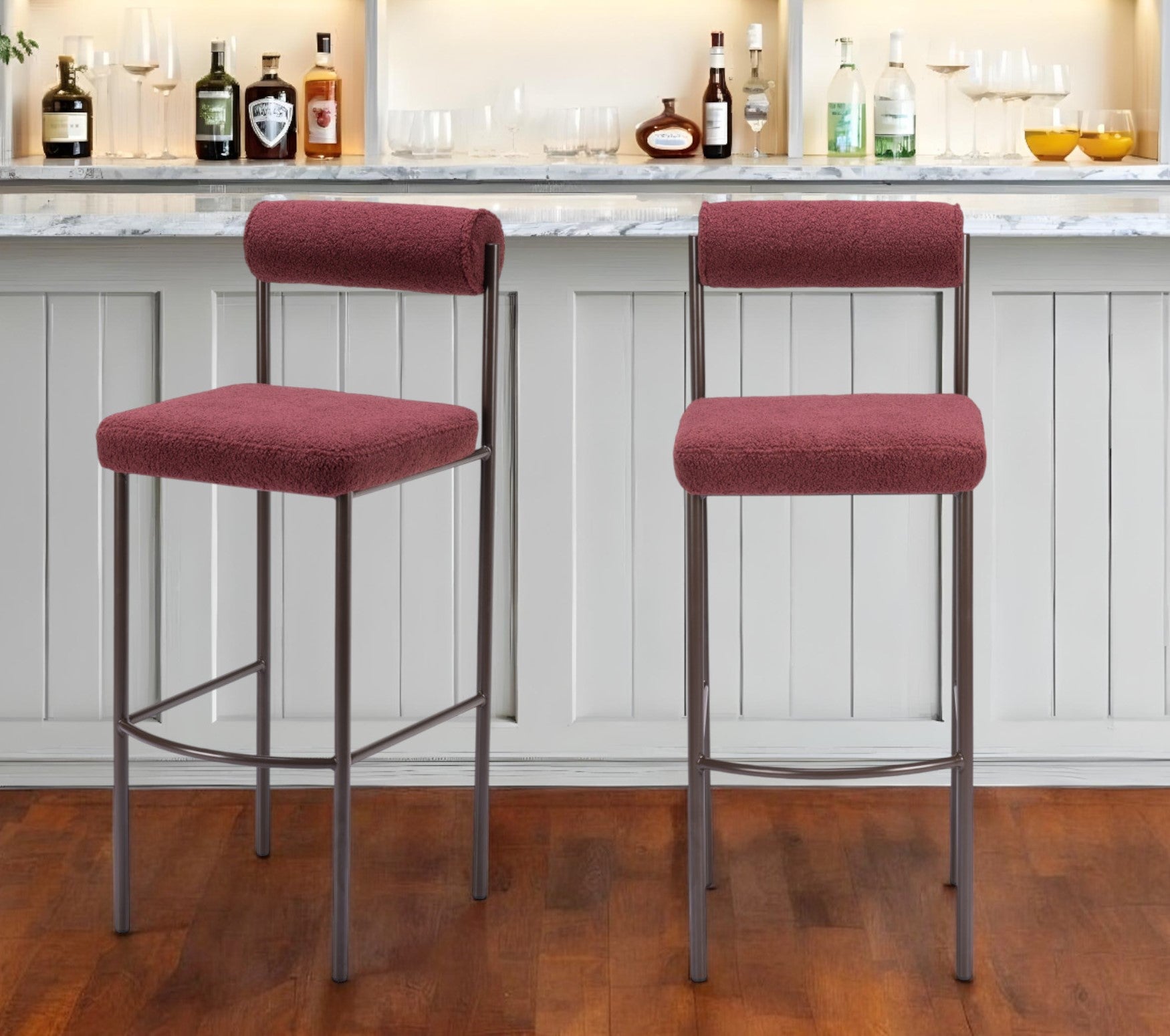 Set of Two 30" Red and Bronze Shearling and Steel Low Back Bar Height Bar Chairs-1