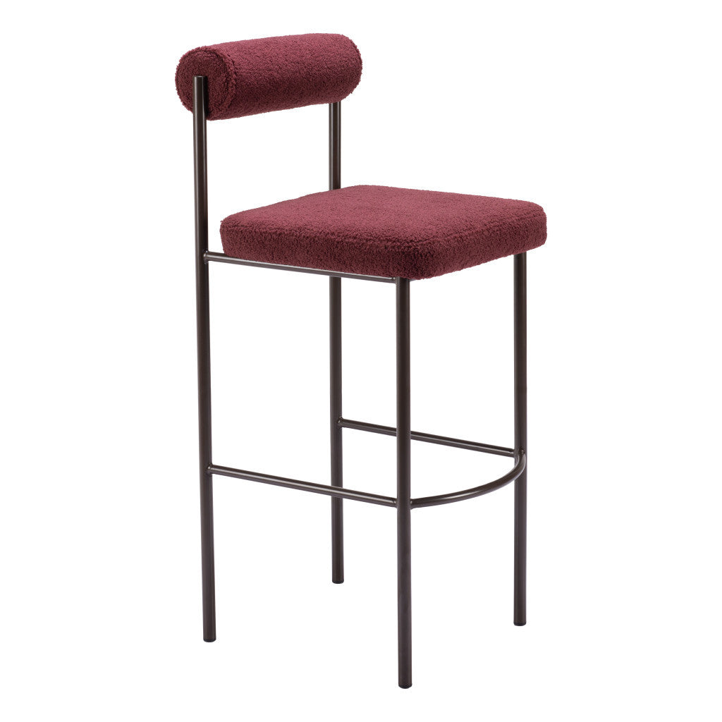Set of Two 30" Red and Bronze Shearling and Steel Low Back Bar Height Bar Chairs-6