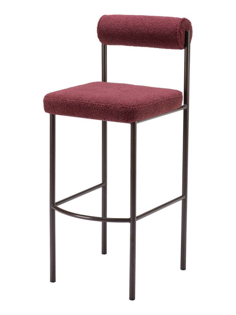 Set of Two 30" Red and Bronze Shearling and Steel Low Back Bar Height Bar Chairs-0