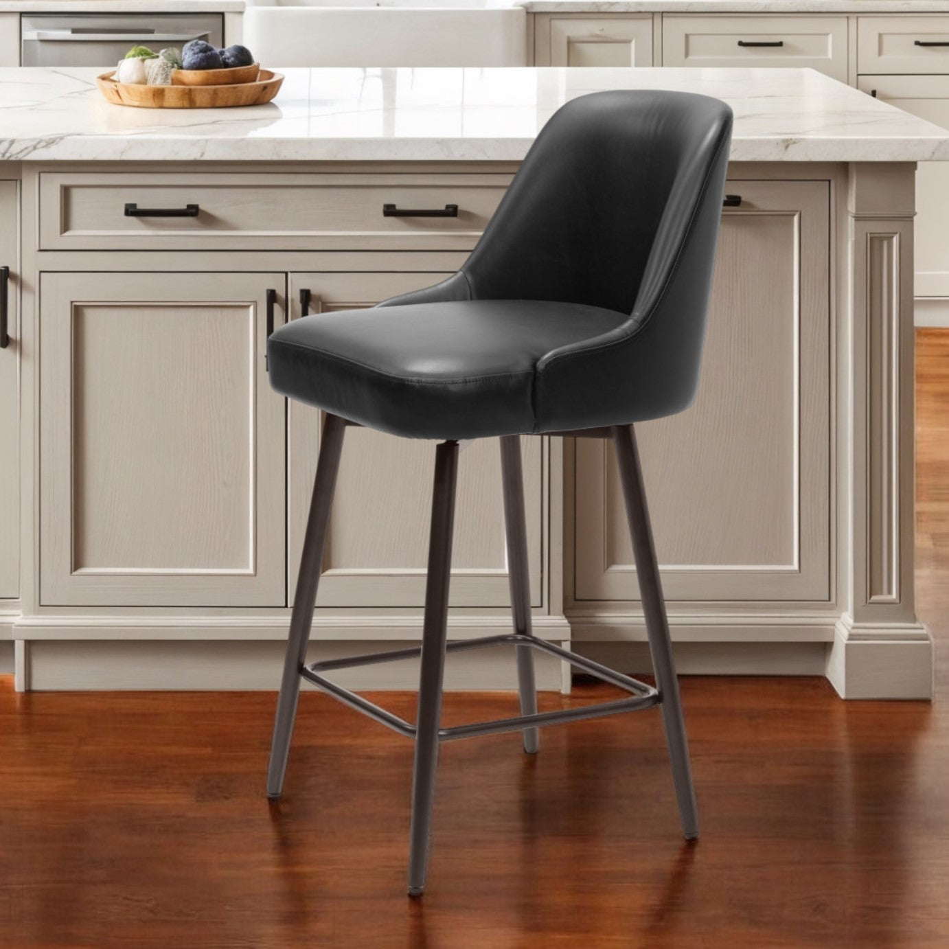 26" Black And Bronze Faux Leather And Steel Counter Height Swivel Bar Chair-1