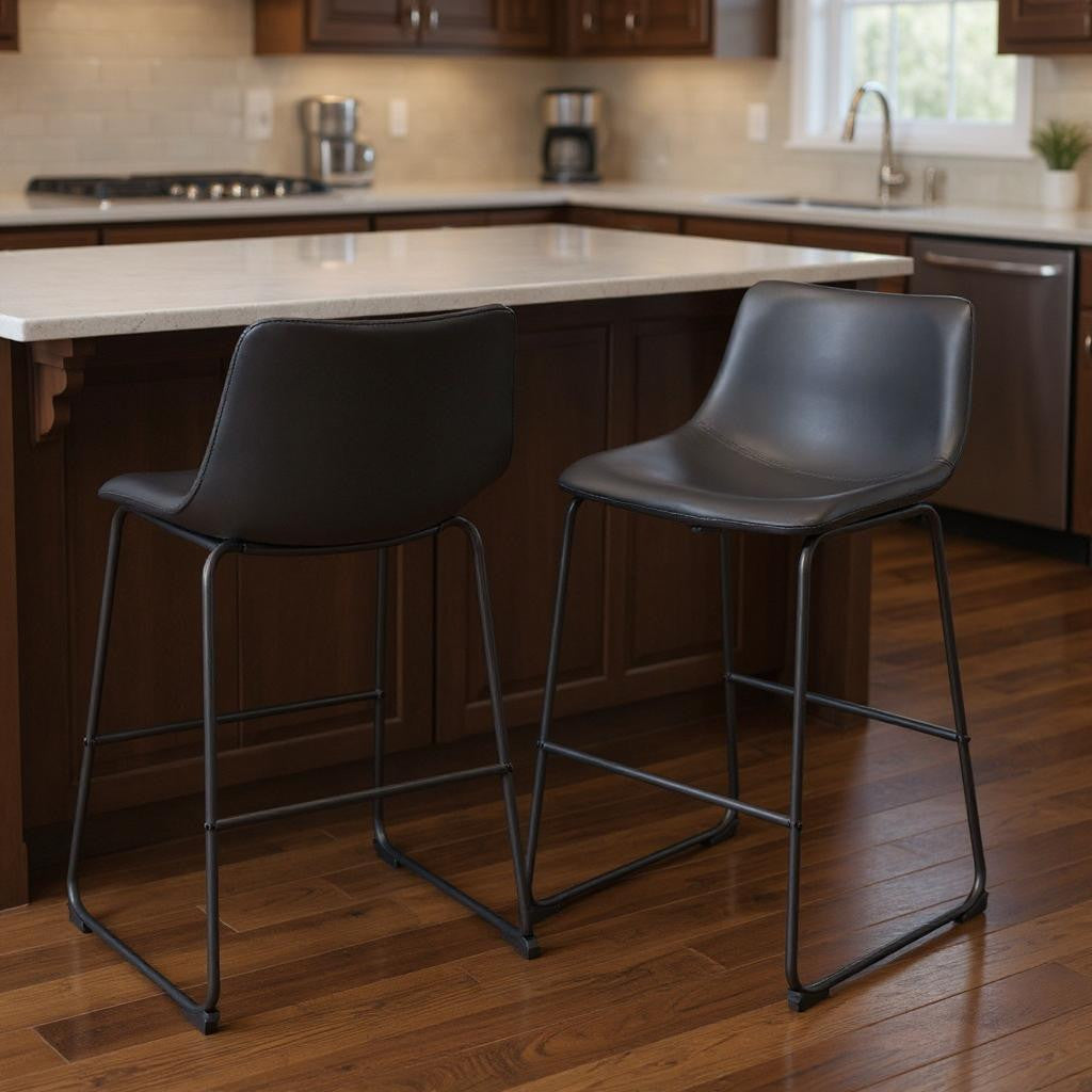 Set of Two 29" Black Faux Leather and Steel Counter Height Bar Chairs-0