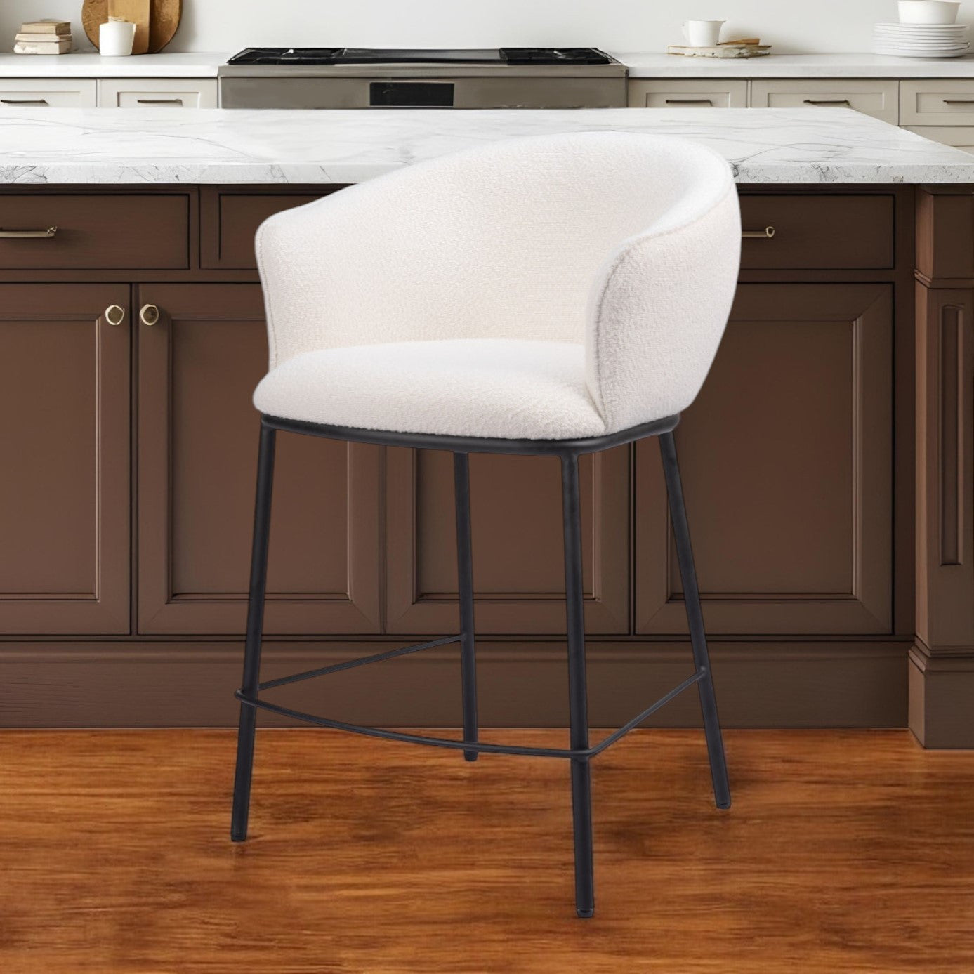 26" Ivory and Black Shearling and Steel Counter Height Bar Chair-1