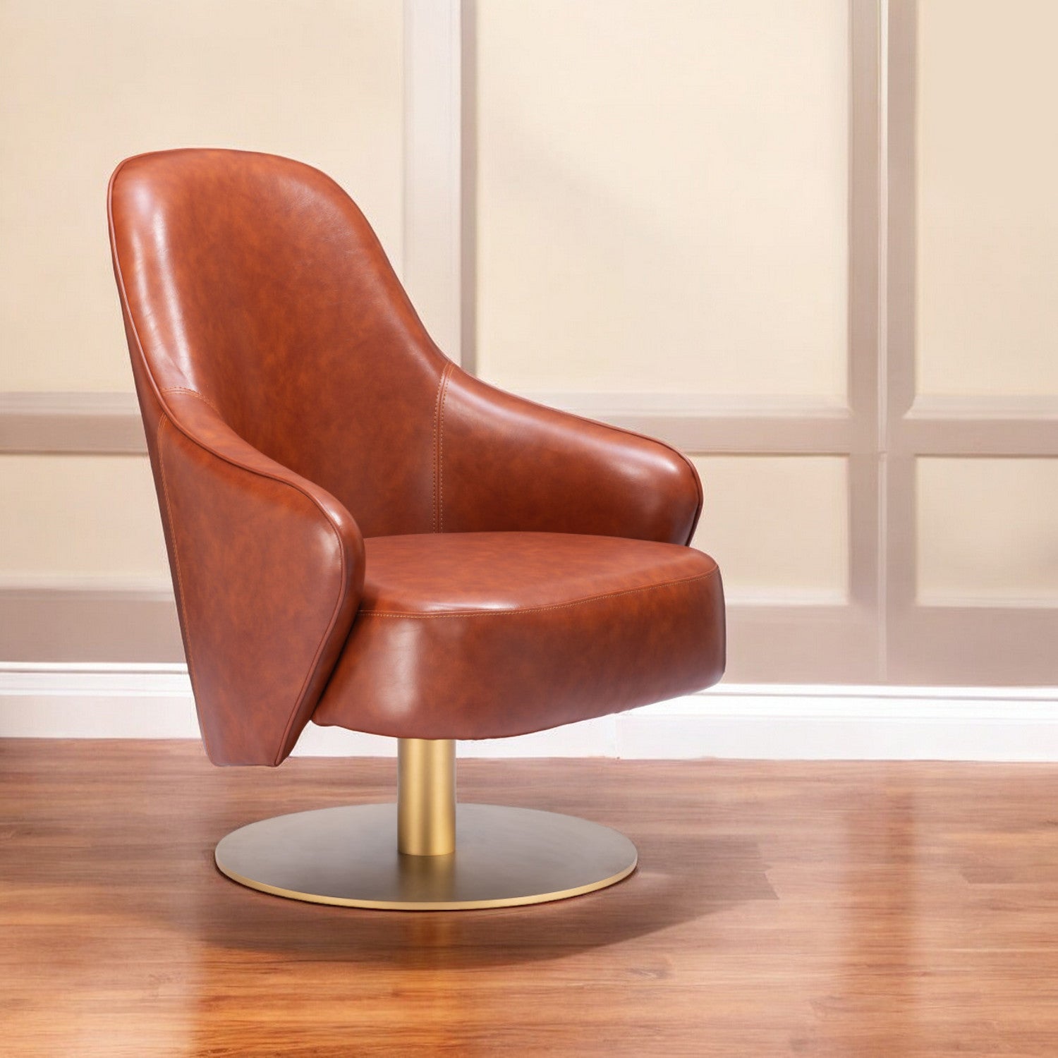 28" Brown And Gold Faux Leather And Faux Leather Swivel Arm Chair-1