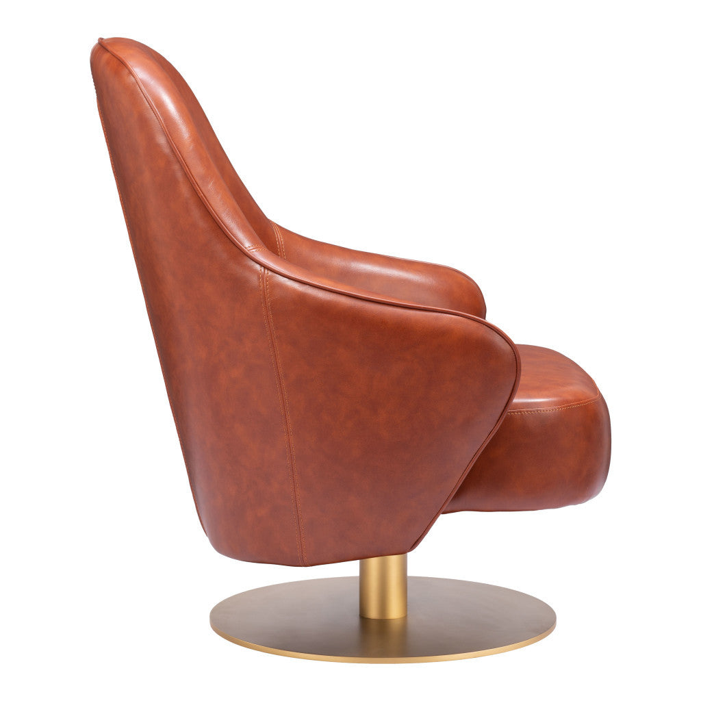 28" Brown And Gold Faux Leather And Faux Leather Swivel Arm Chair-2