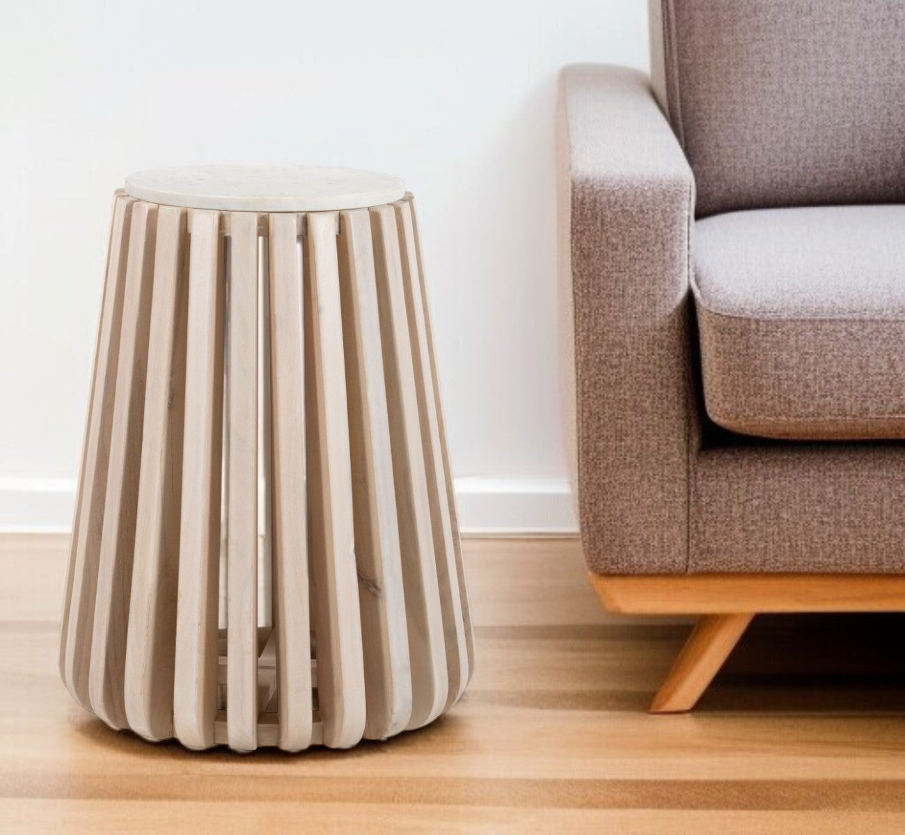 23" White and Natural Distressed Marble and Wood Round Drum End Table-1