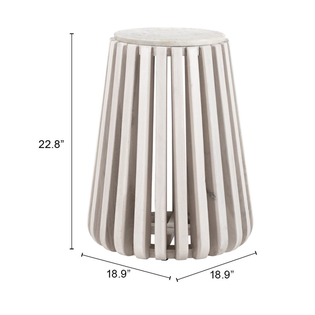 23" White and Natural Distressed Marble and Wood Round Drum End Table-8